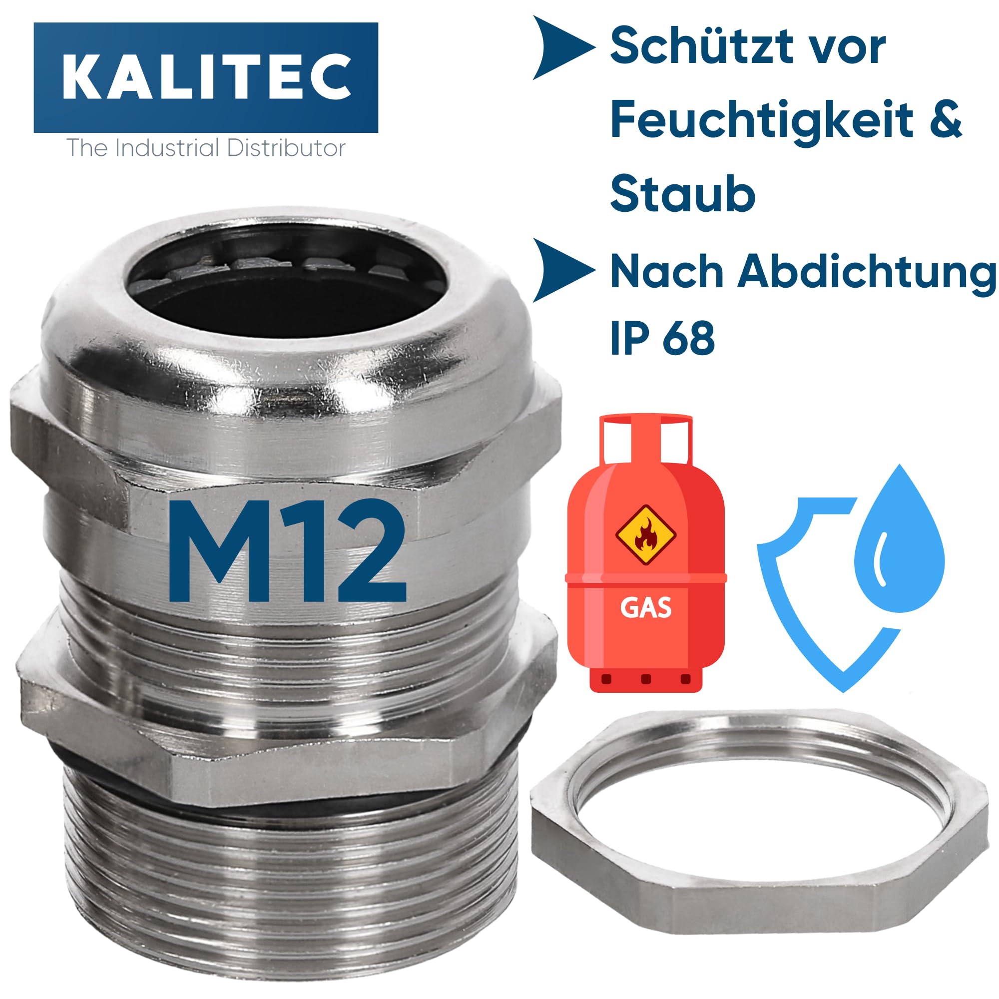 Kalitec M12 - 10 pressacavo in ottone 2,5-6,5 mm, intervallo di serraggio I controdado M12, in ottone, filettatura lunga, passacavo a gas e impermeabile