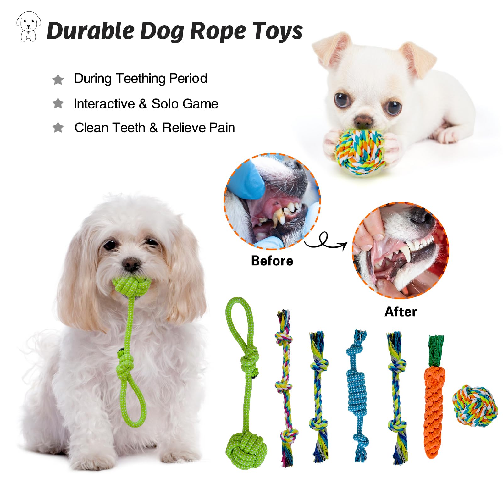 MRSOHRET 20 giocattoli da masticare per cuccioli per dentizione, giocattoli da masticare per cani con corda, spazzolino da denti per cani, palline per dolcetti, giocattoli di peluche e giocattoli