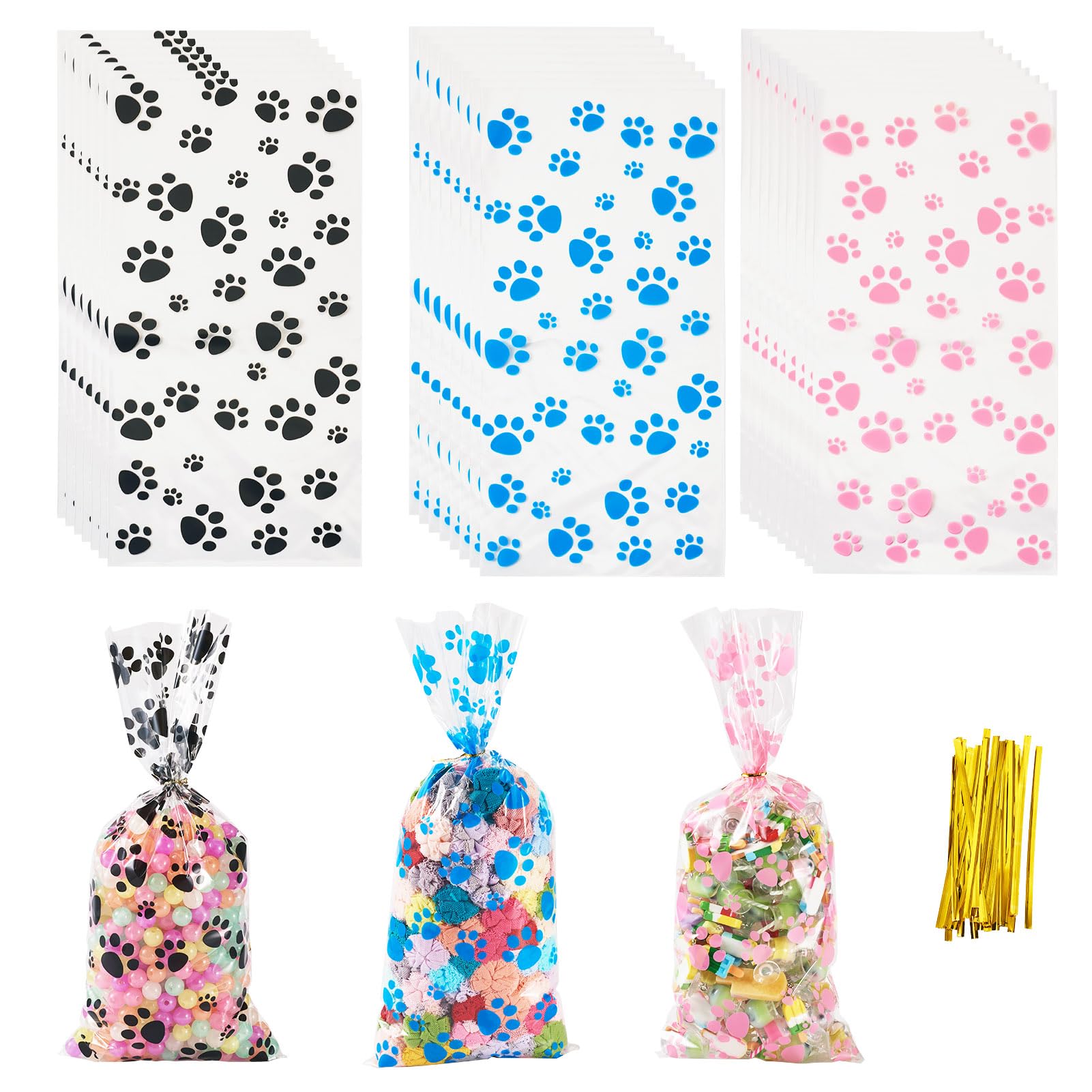Craftdady Party Favor Gift Bags Dog Paw Print Treat Bags 60 pcs Opp Cellophane Bags with 60 Gold Twist Ties Goodie Storage Bags for Wedding Festival
