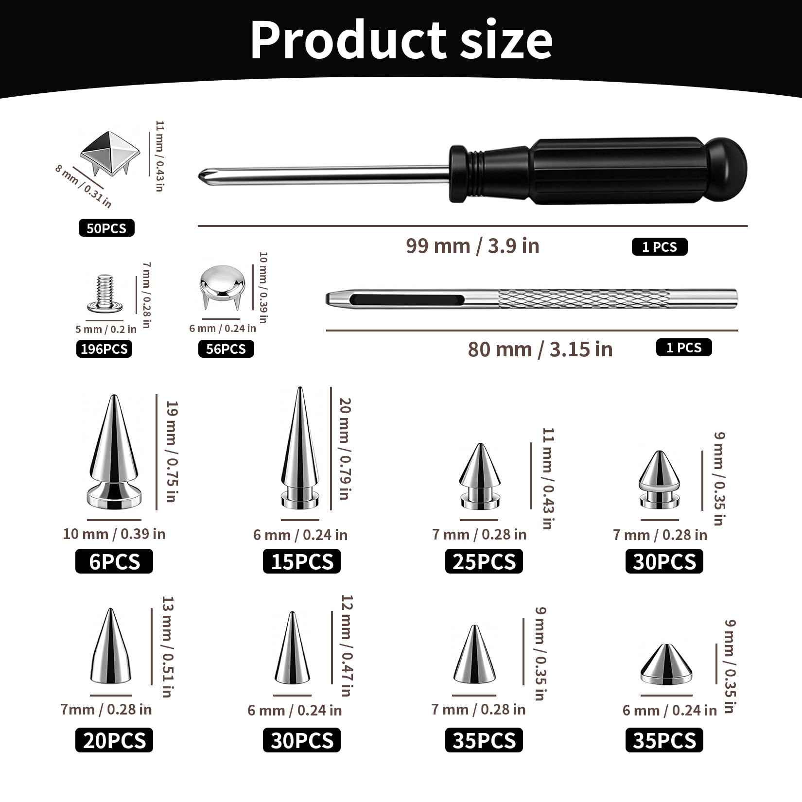500 Pz Rivetti a Vite, Borchie per Tessuti, Punk Studs, Rivetti Punk Metallici a Piramide Appuntiti, Borchie in Metallo per Abbigliamento, Artigianato fai da te, pelle, cinture, jeans (argento)