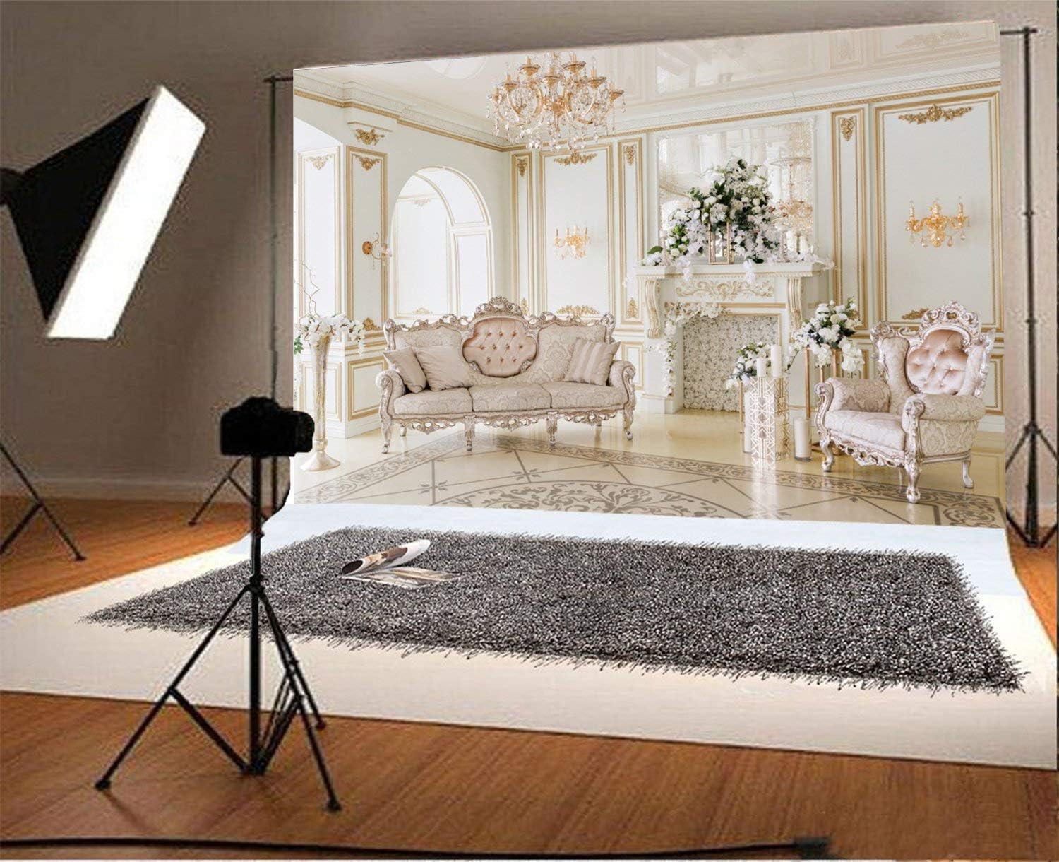 AOFOTO 10x8ft Luxury Indoor Furnishing Backdrop Royal Chandelier Chair Sofa Mantel Fireplace Flower Photography Background Elegant Aristocratic Interior Decoration Photo Studio Props Vinyl Wallpaper