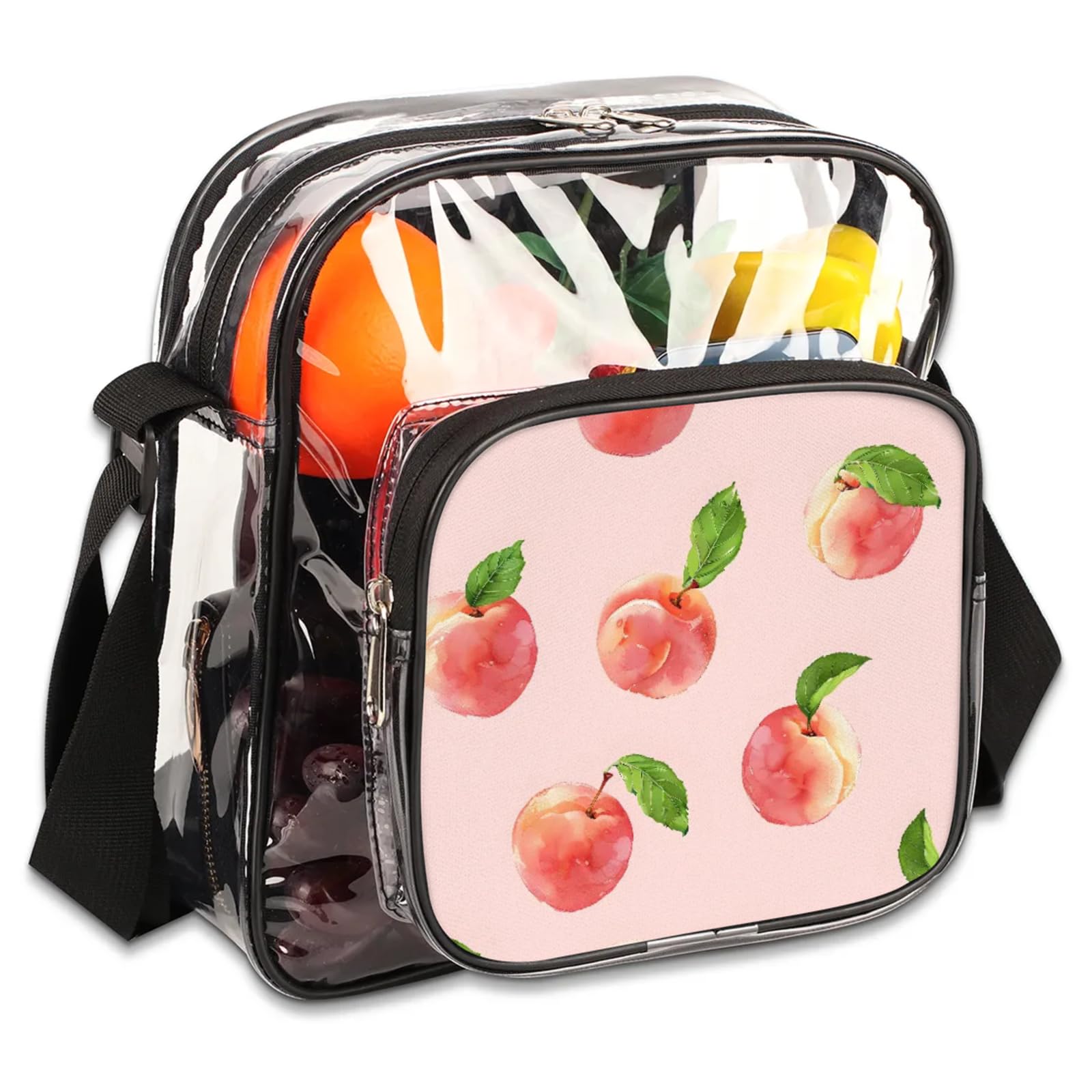 GzLeyigou Clear Crossbody Bag Stadium Approved Peaches Transparent Bag for Festivals, Sports Events, Concerts,Beach Bag for Women Men Clear Purse with Front Pocket Messenger Bag with Adjustable Strap