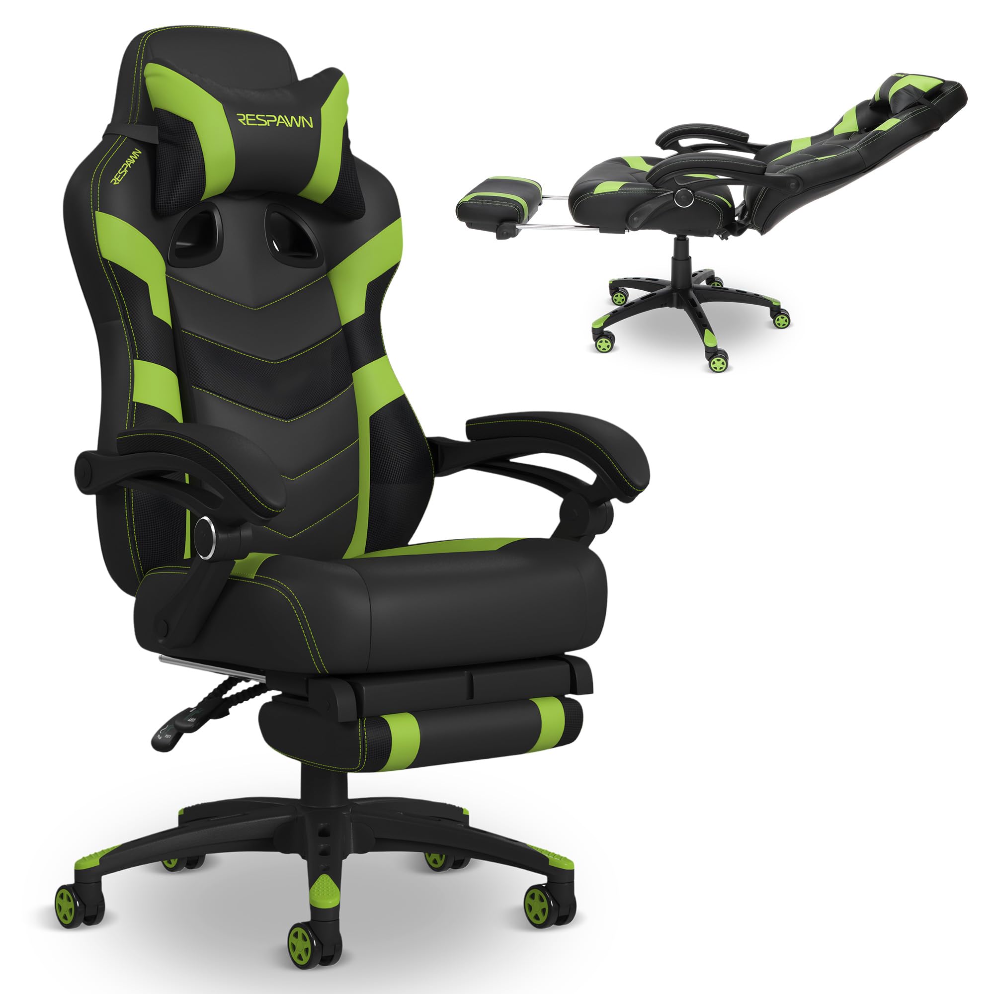 RESPAWN 110 Pro Gaming Chair - Gaming Chair with Footrest, Reclining Gaming Chair, Video Gaming Computer Desk Chair, Adjustable Desk Chair, Gaming Chairs for Adults with Headrest Pillow - Green