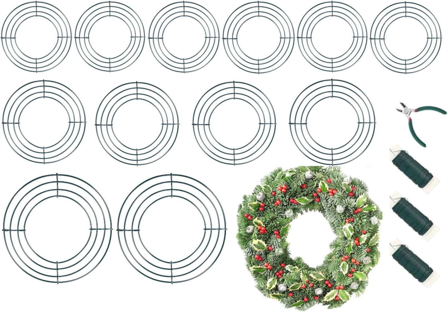 12 Pack 8, 12, 16 Inch Wire Wreath Frames Round Green Wreath with 114 Yard Paddle Wire and Cutters for Christmas New Year Party Valentines Wedding Easter Home Decor DIY