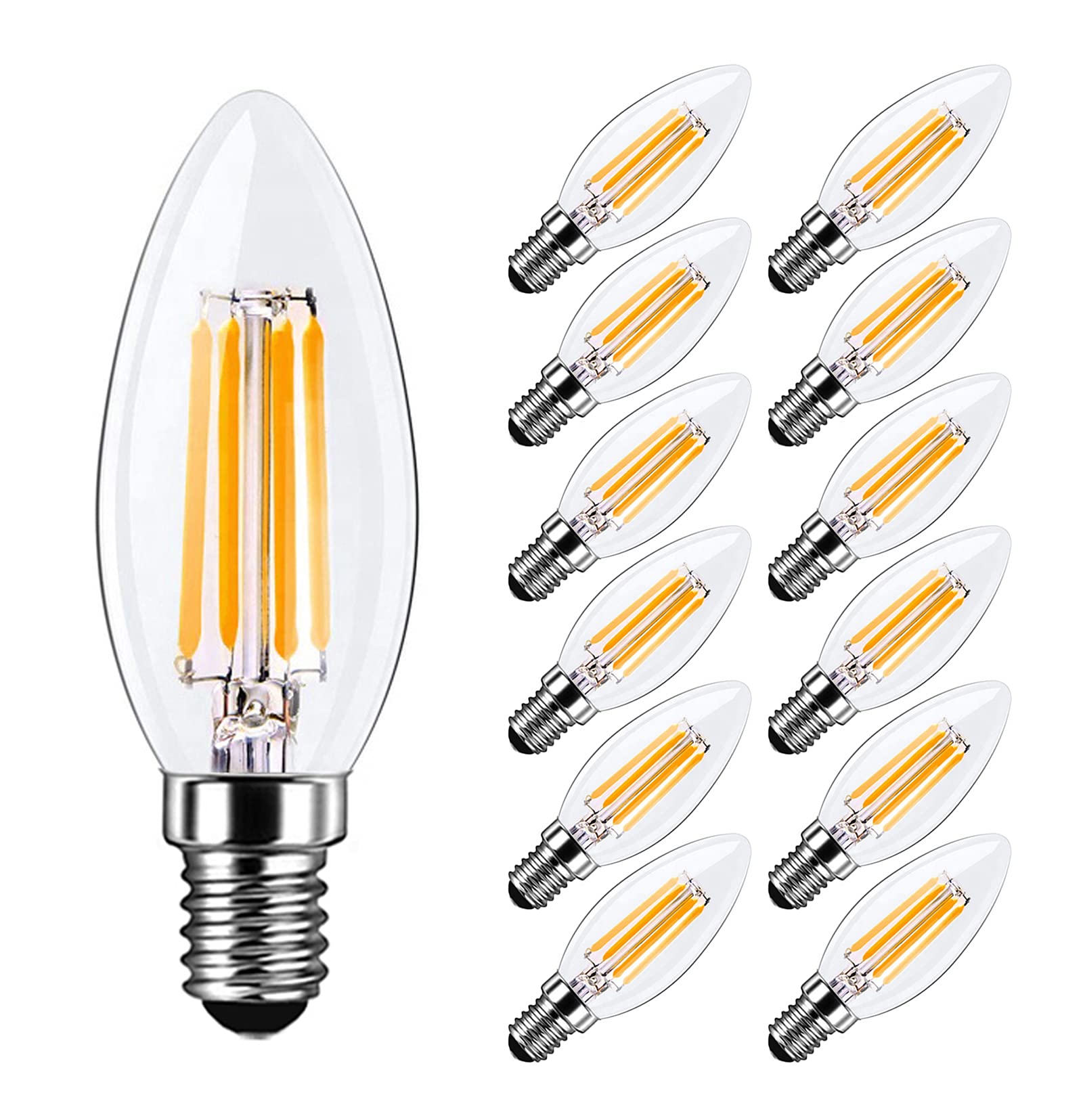 Ampoule Filament E14 LED 4W Equivalent 40W 400LM, Blanc Chaud 2700K, Ampoule Bogie LED E14 pour Lustres, Lustres en Cristal, Luminaires Décoratifs, Non-dimmable, Verre, Lot de 12