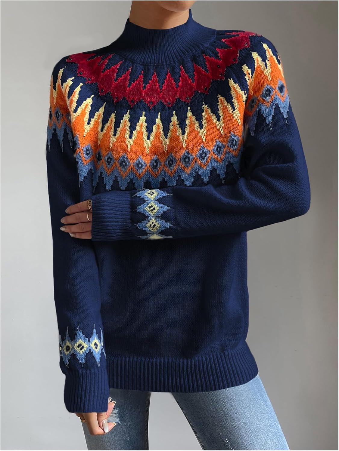 WDIRARA Women's Geo Pattern Fair Isle Sweaters Mock Neck Long Sleeve Pullover Knit Tops - Image 5