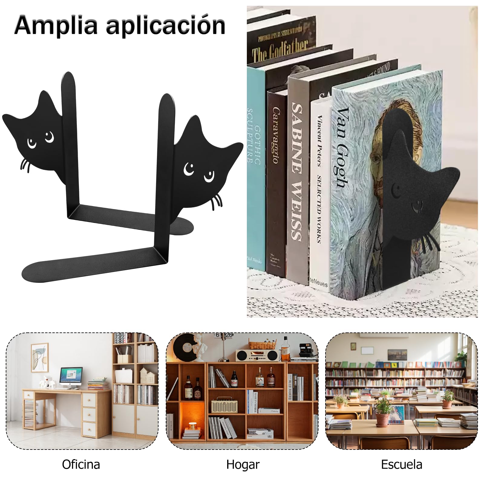 Sujetalibros de Metal, Pack de 2 Sujetalibros Gato Decorativos, Soportes para Libros Estantes, Oficina, Hogar, Negro