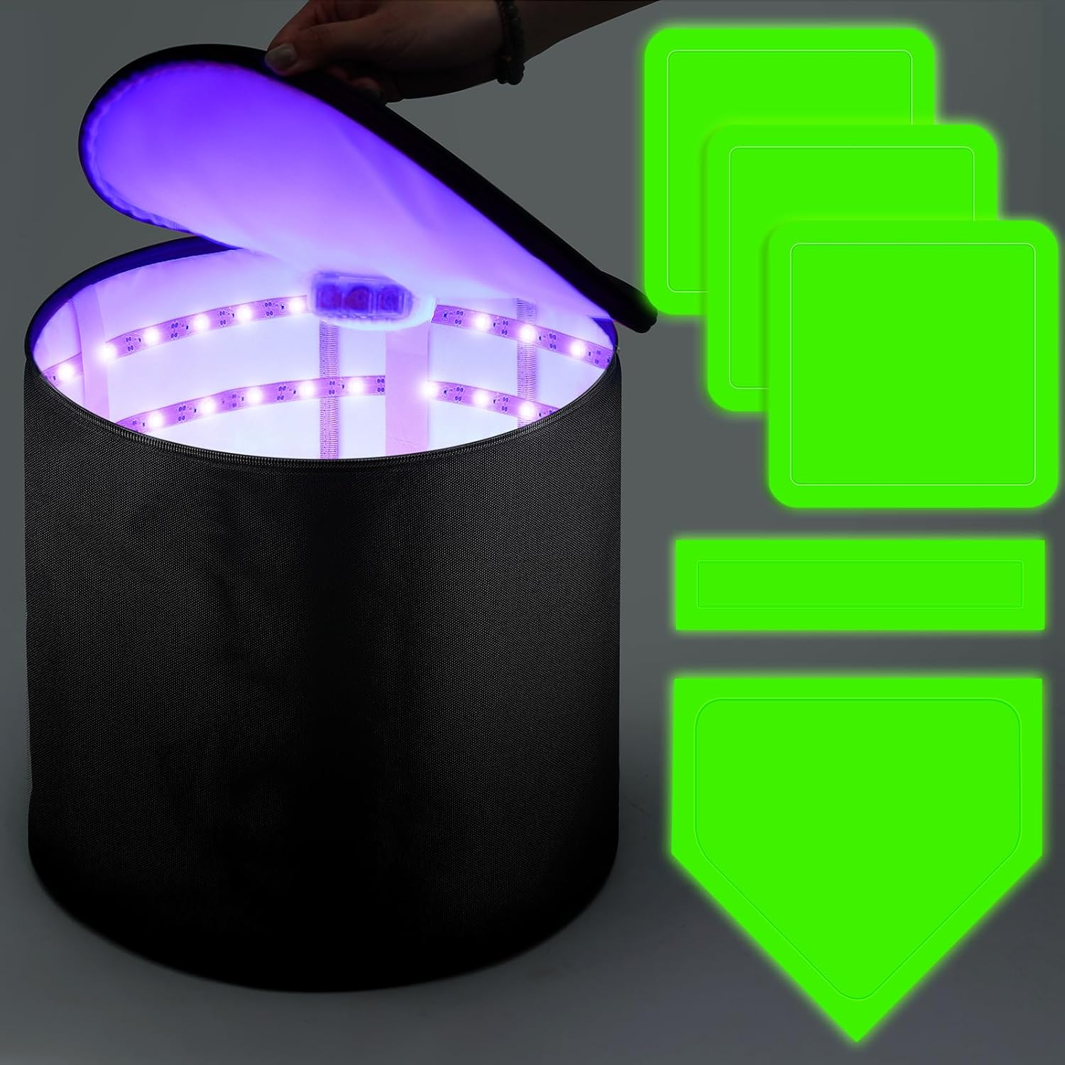 Hiboom 6 Pcs Glow in The Dark Baseball Base Set, 12 inch Quick Glow Charger Bag, Home Plate, Pitcher's Rubber for Kickball Softball Dodgeball in The Dark Game, for Playground Camping Yard Beach