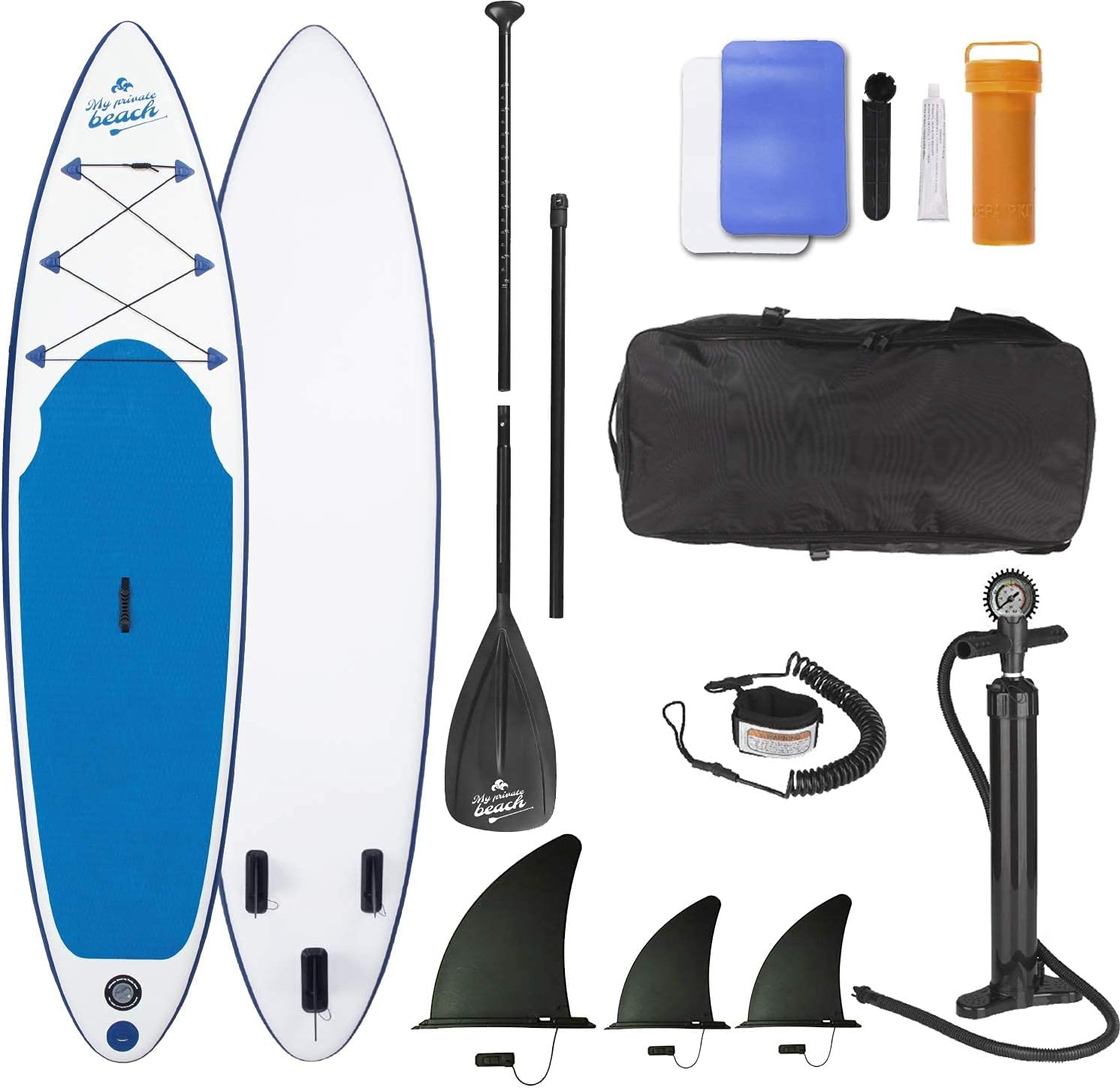 EASYmaxx SUP inflatable stand-up paddle board, including pump, carry bag and aluminium paddle, 3 fins for maximum stability, ideal for beginners and advanced users, white blue, 320 x 76 x 15 cm