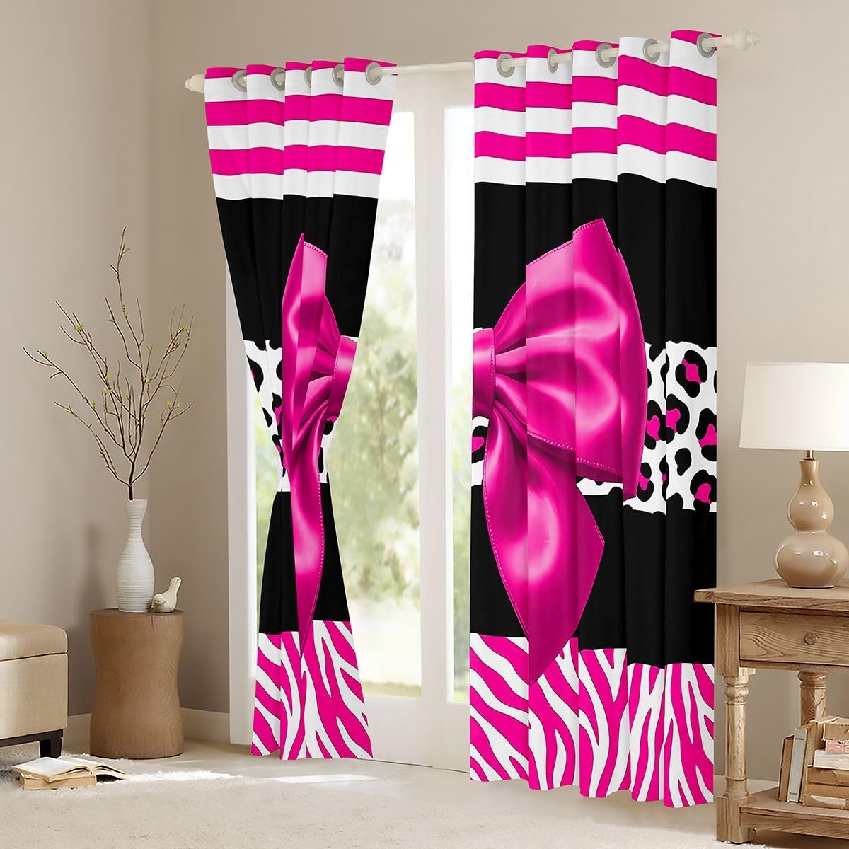 Feelyou Hot Pink Bowknot Curtains for Bedroom Living Room Leopard Zebra Print Blackout Darkening Drapes Cute Bow Window Treatments, 2 Panels 38 x 54 Inch Room Decor