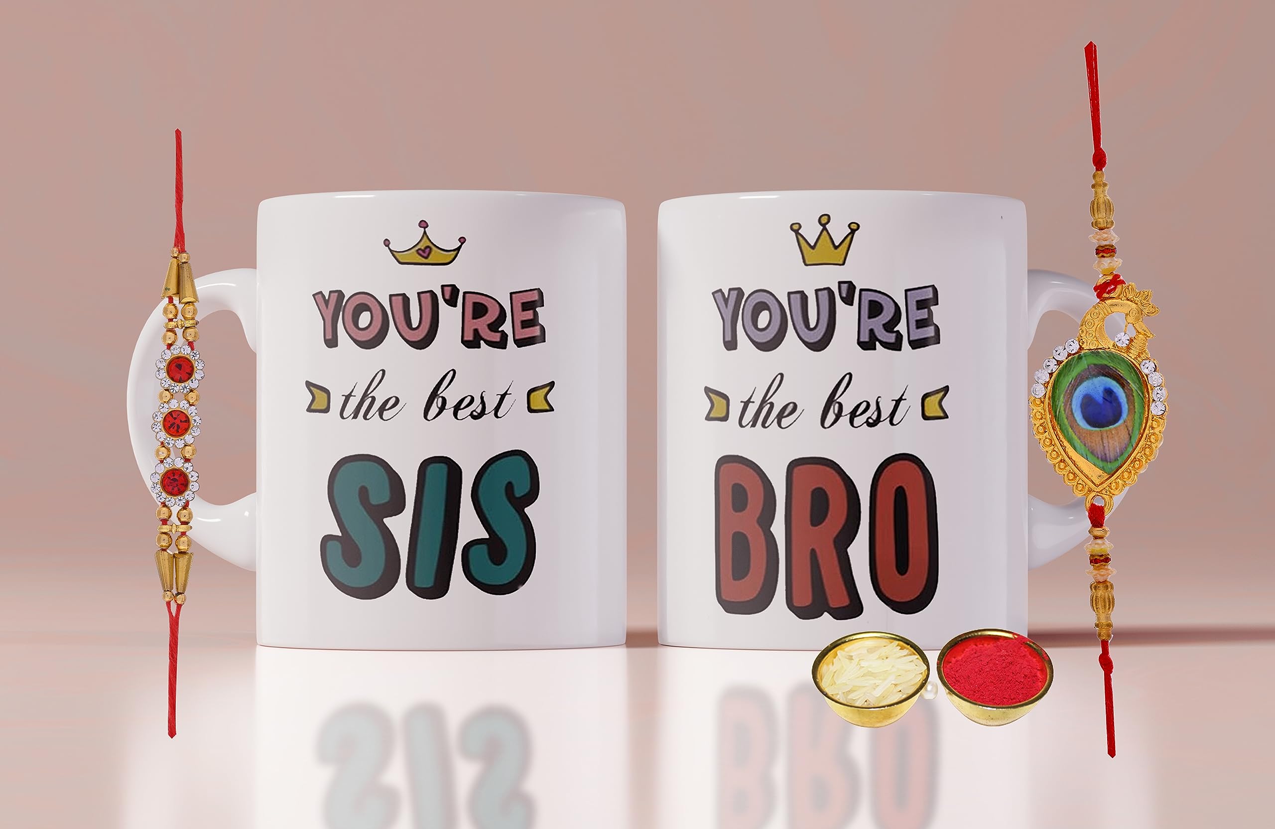 DEMITASSE STORE " Best BRO SIS Ever Printed Stylish Coffee Mug with Designer Rakhi for BRO SIS with roli chawal and Rakhi Special Wishes Card |330 ml (BRO SIS Rakhi Mug 03)