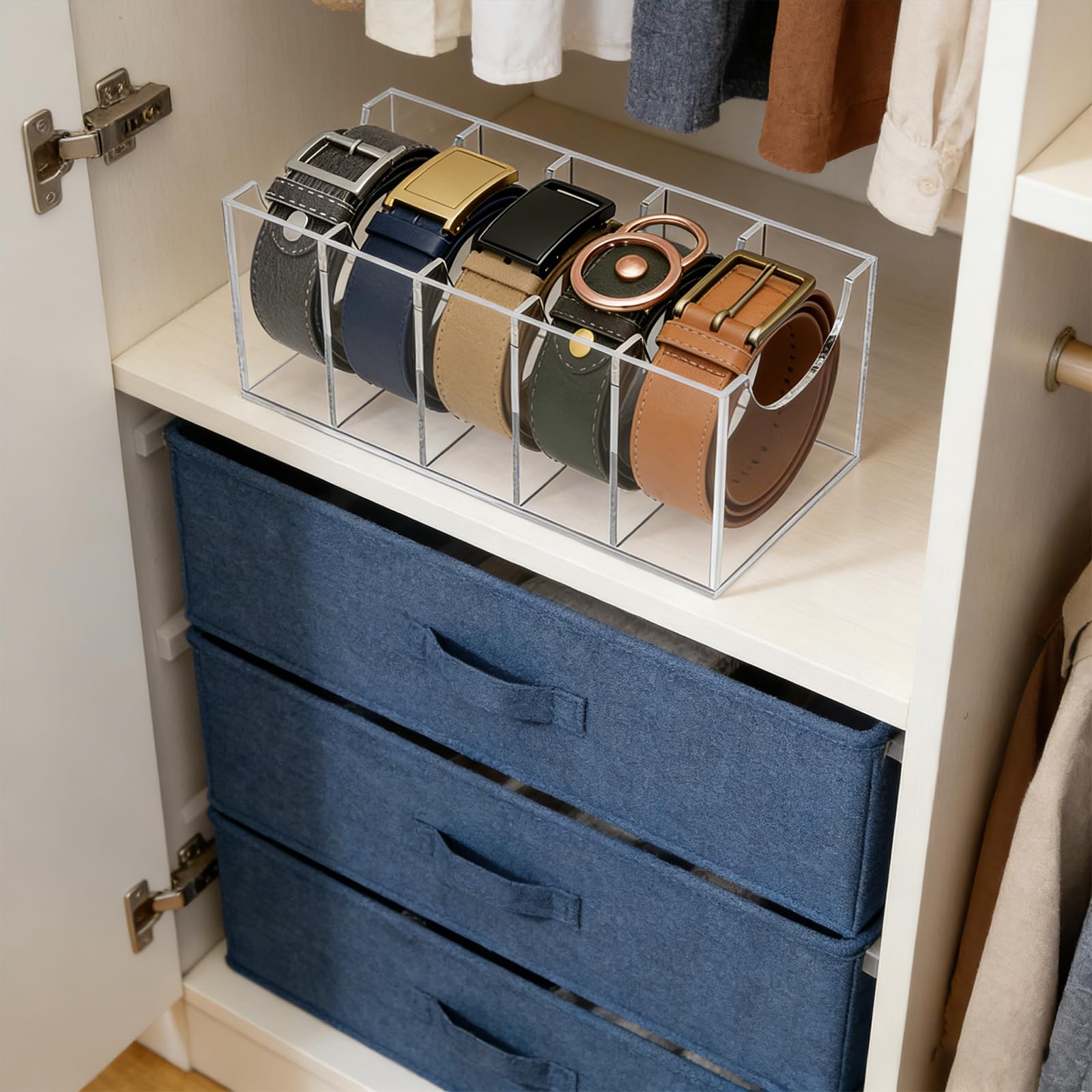 Gürtel Aufbewahrung, 5 Fächer Acryl Gürtel Organizer, Transparente Vitrine | Gürtelhalter für Herren, Transparente Box für Accessoires, Krawatten, Uhren, Schmuck, Schrank, Schublade und Display