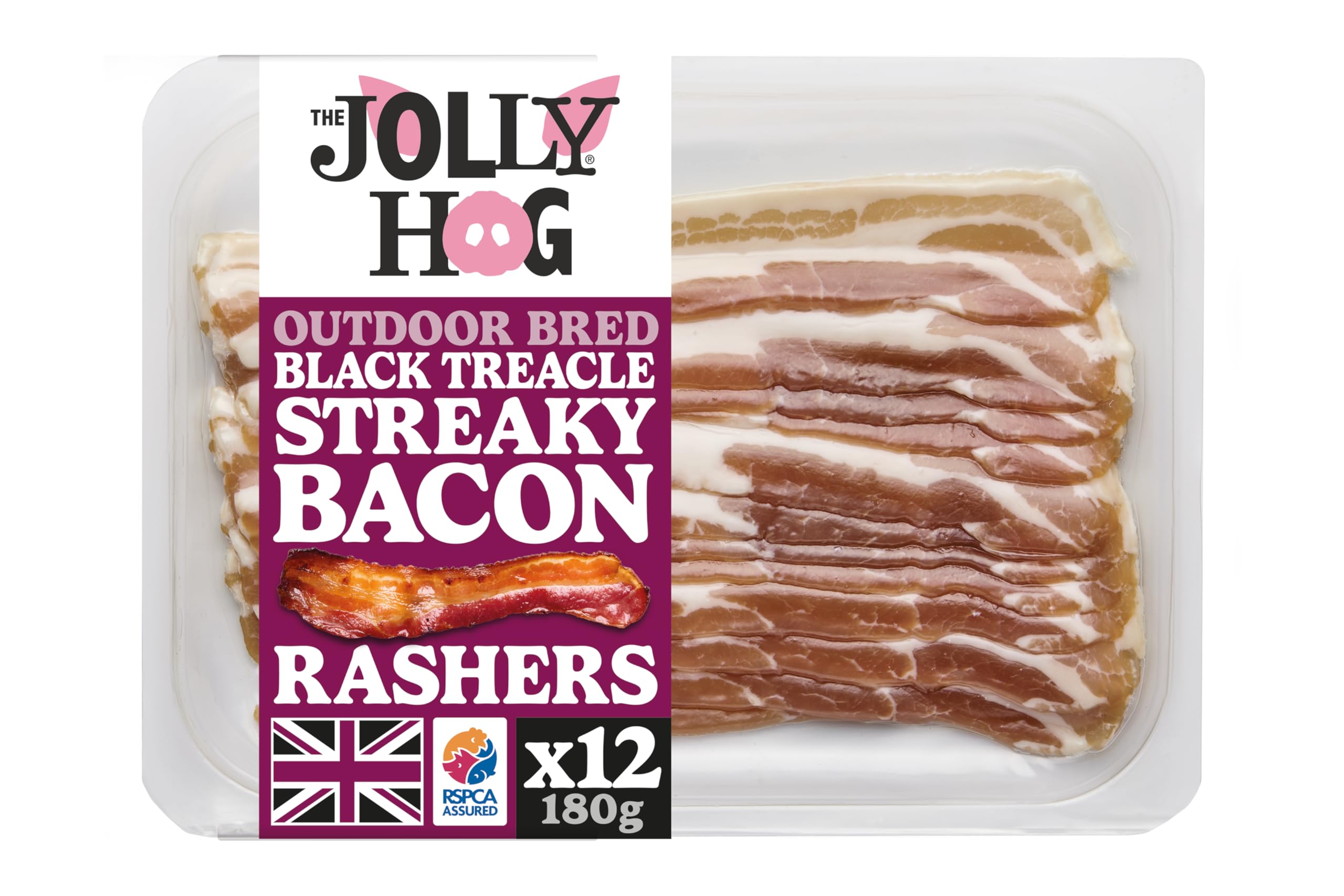 Black Treacle Cured Streaky Bacon, 100% Outdoor Bred RSPCA Assured British Pork, 180g