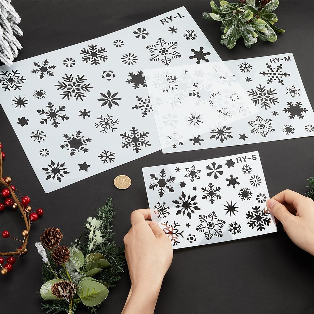 GORGECRAFT 6Pcs 3 Styles Christmas Snowflake Stencil PET Plastic Reusable Winter Holiday Drawing Template Hollow Out Snow Flakes Stencils for Painting on Wood Wall Window Furniture Decor Scrapbooking