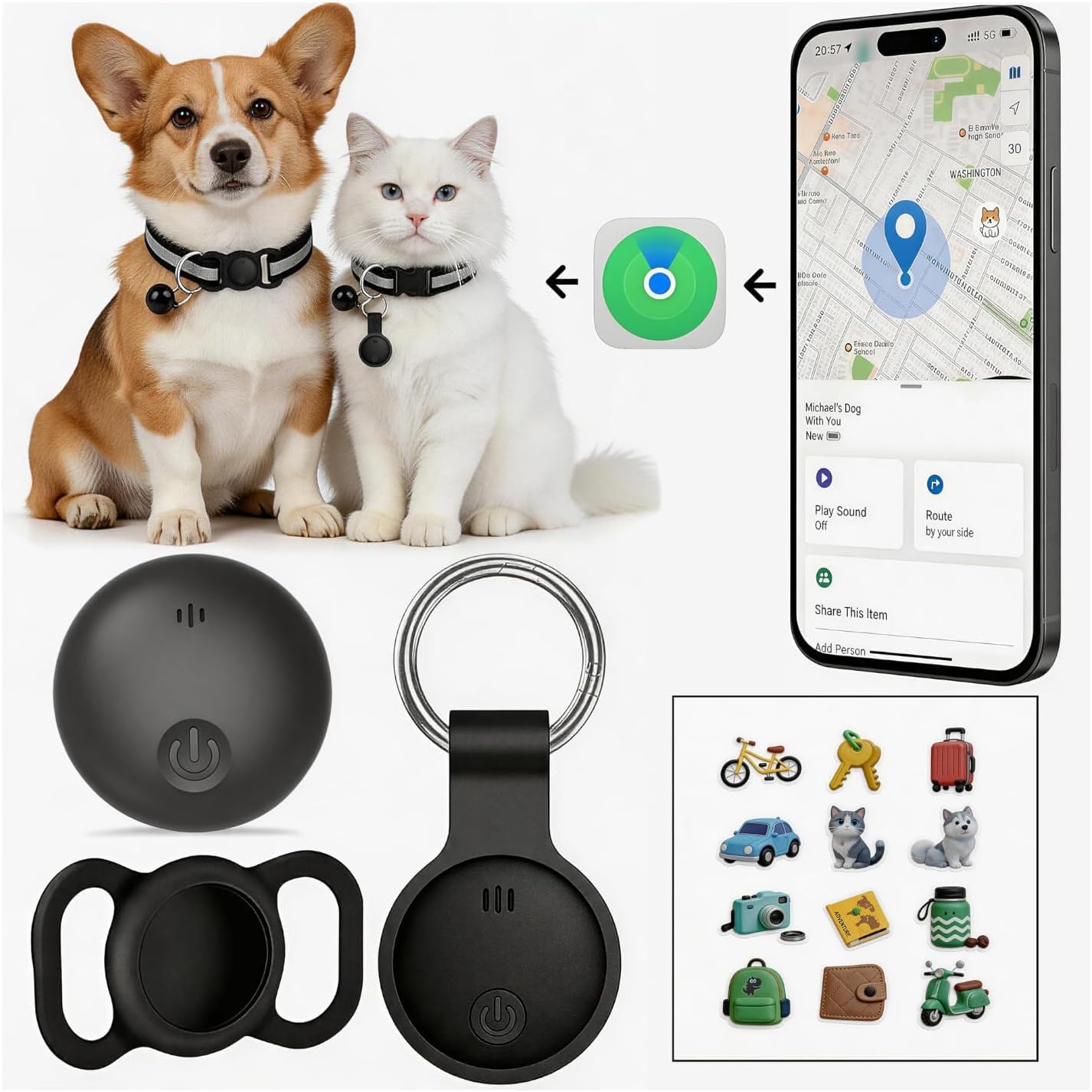 GPS Tracker for Dogs, Real-Time GPS Tracking Device for Cats, Pet Wearable Holder & Keychain Design, No Monthly Fee/No SIM Card,for iOS - Find My（Apple MFi Certified） Long STBY,IP68 WP,Lightweight