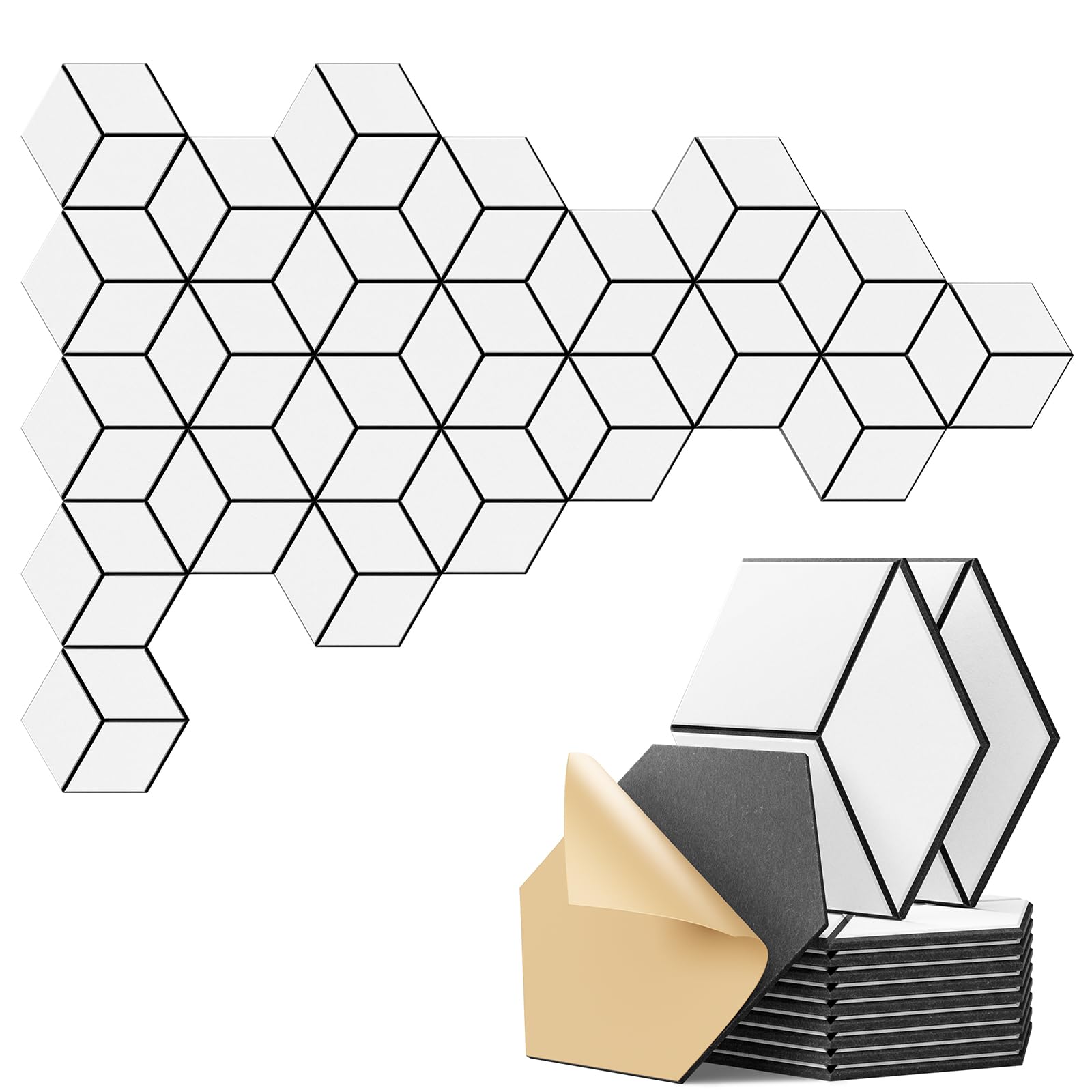 22-Pack Self-Adhesive Acoustic Panels, 12" x 10" x 0.4" – High-Density, Flame-Resistant Soundproof Foam. Absorbs Noise and Eliminates Echoes, Hexagonal 3D Design (White Face)