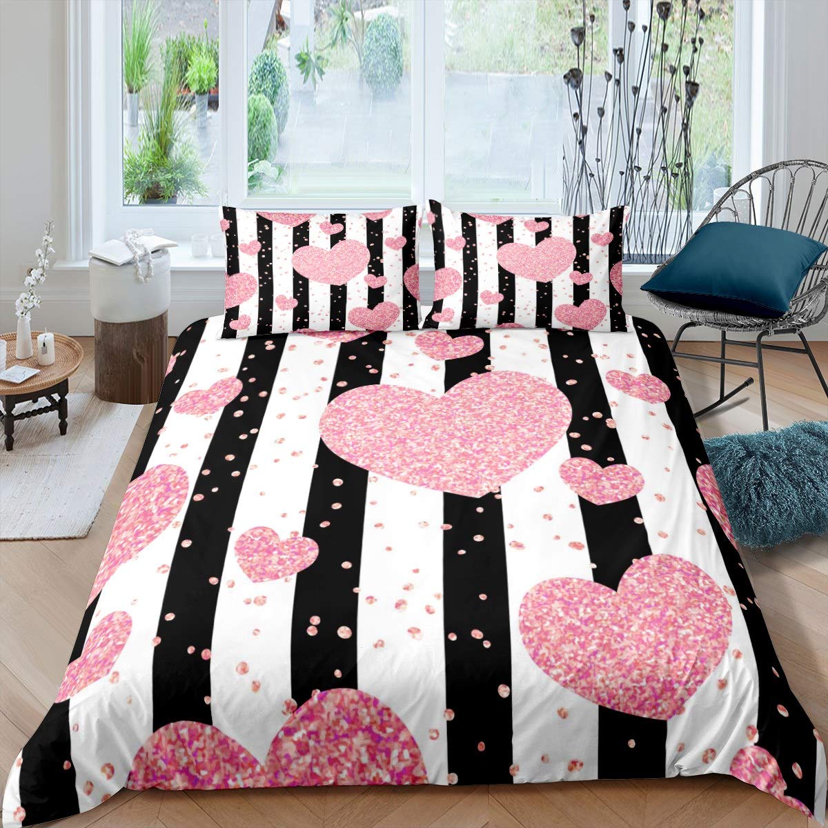 Homemissing Juego de ropa de cama para niñas y niñas, diseño de corazones con purpurina rosa, funda de edredón para niños, color blanco, negro, rayas, moderno, romántico, 3 piezas con 2 fundas de