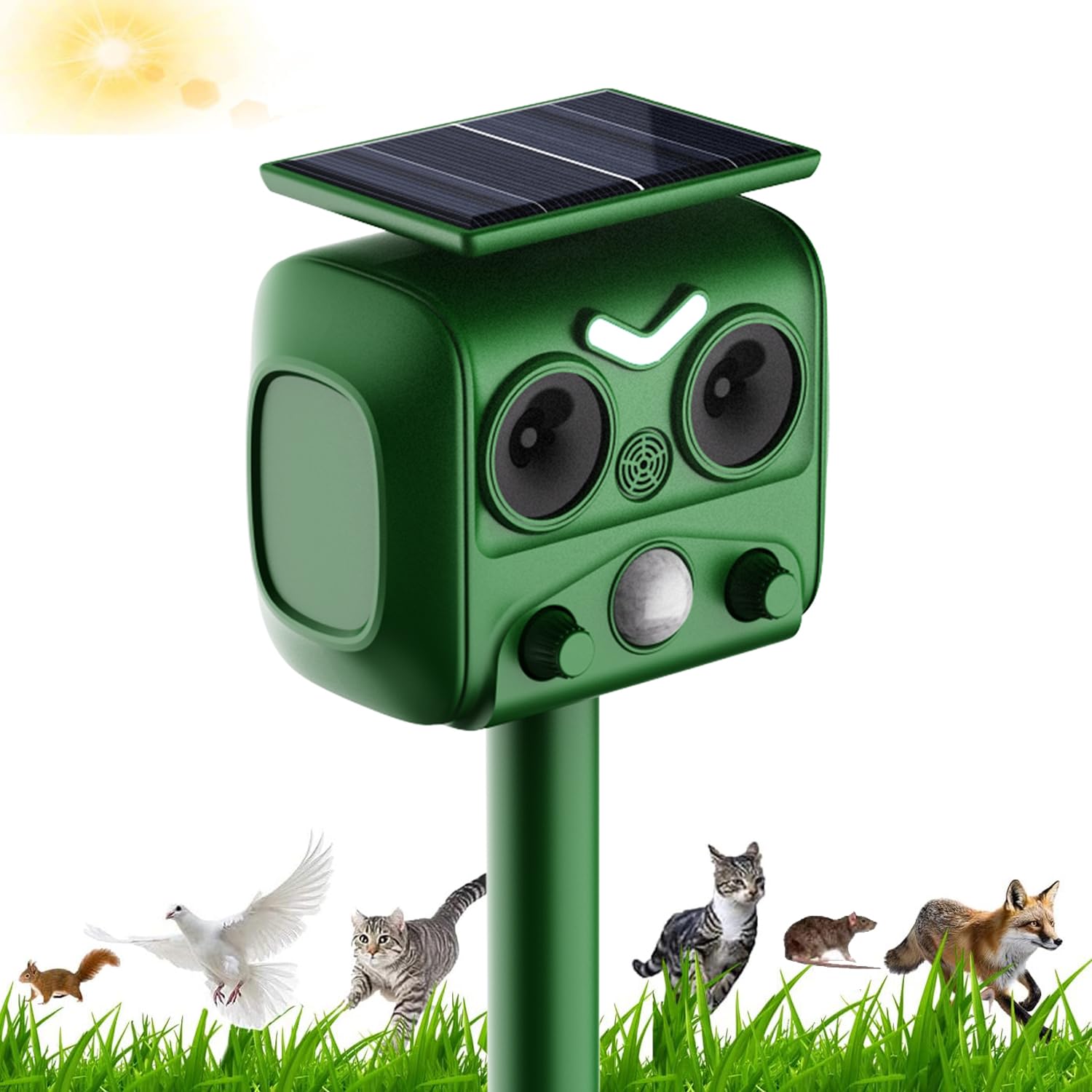 Ultrasonic Cat Repellent, New Ultrasonic Fox Repellent, Solar Powered & Waterproof Animal Deterrent, Flashing Light and USB Charge for Cats, Dogs, Squirrel, Rat, Foxes, Snake, Deer, Wild Animals