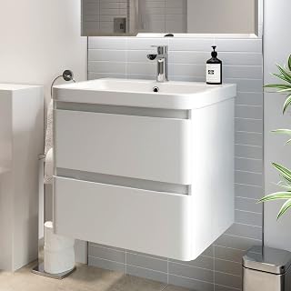 Affine Bathroom Wall Hung Vanity Unit Wash Basin Base Cabinet Two Drawers Storage White