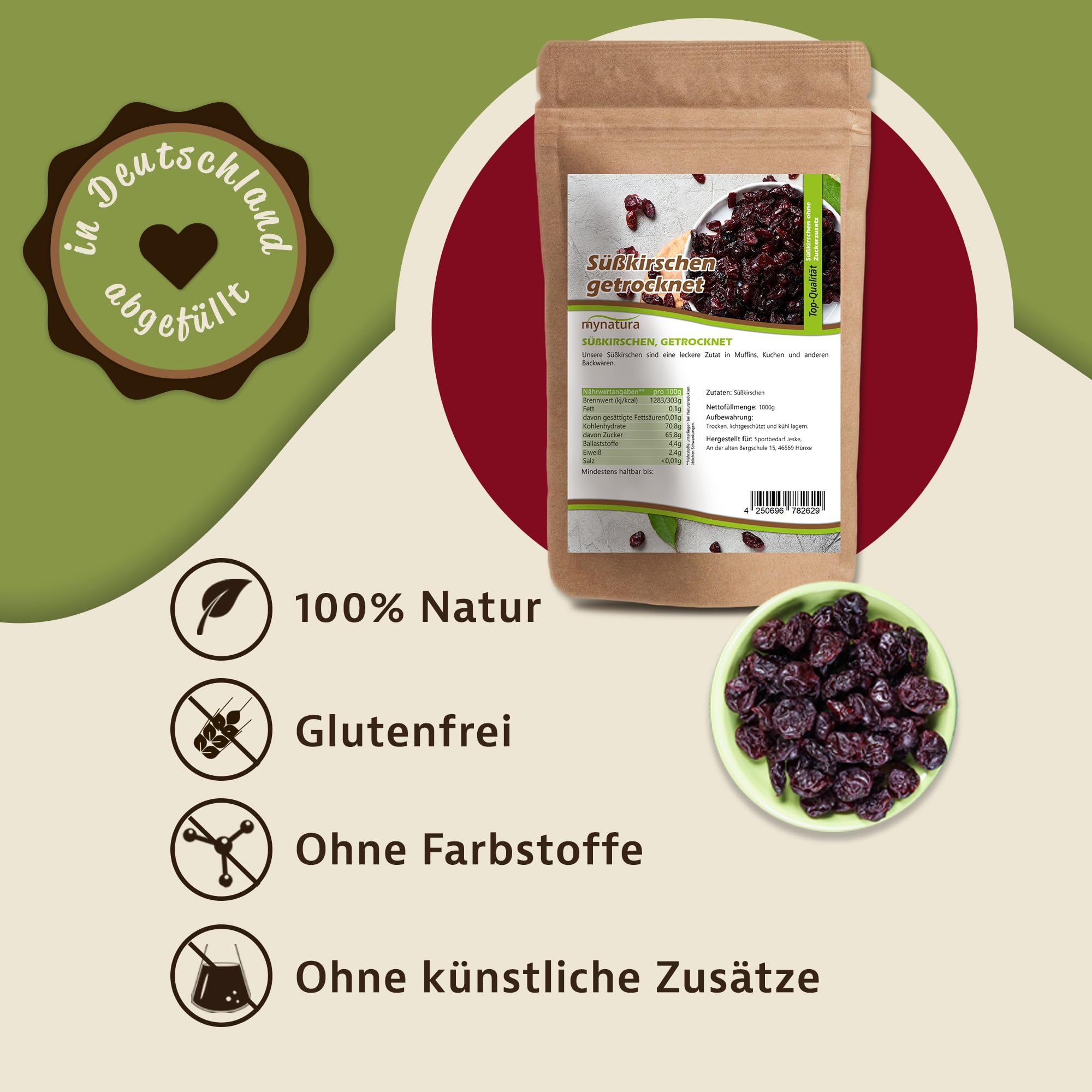 Mynatura Süßkirschen getrocknet, ohne Stein I Ungesüßt I Trockenobst I Ohne Zusätze I Backen I Kirschen I Snack I Müsli I Vegan I Beutel (3x 1000g)