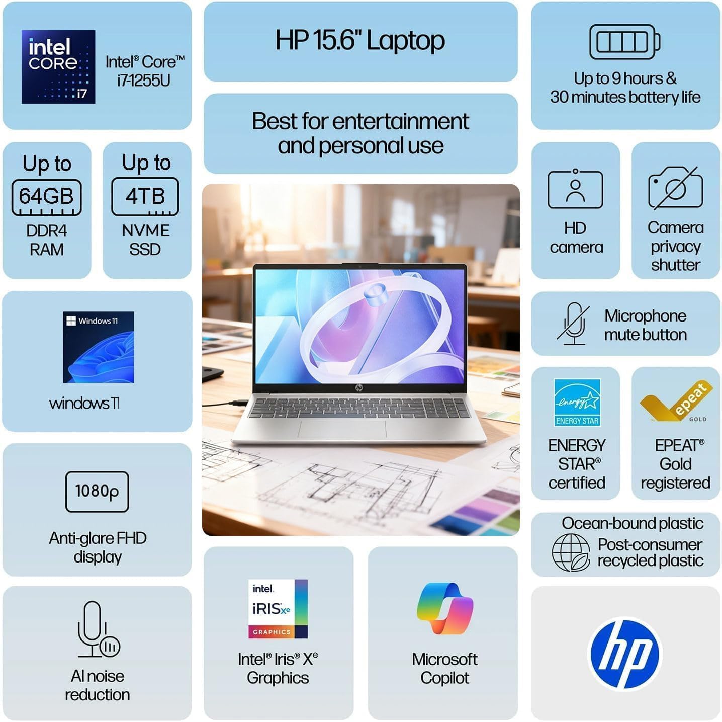 HP Pavilion 15.6" FHD Anti-Glare Laptop 16GB RAM 1TB SSD, Intel Core i7-1255U 10-Core Processor (up to 4.7 GHz), Windows 11, Webcam Shutter, Long Battery, Wi-Fi 6, HDMI, for Work & Study, WOWPC USB