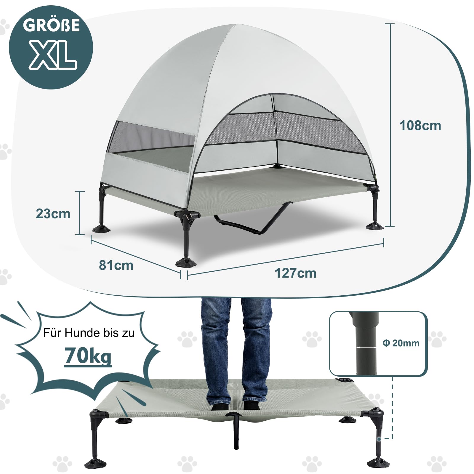 Snagle Paw Hundeliege mit Dach,Erhöhtes Hundebett mit Stabile Anti Rutsch Füße,Breiterer Schatten Hundeliege Outdoor,Wasserfest Hundebett mit Dach Grosse Hunde Camping Indoor & Outdoor
