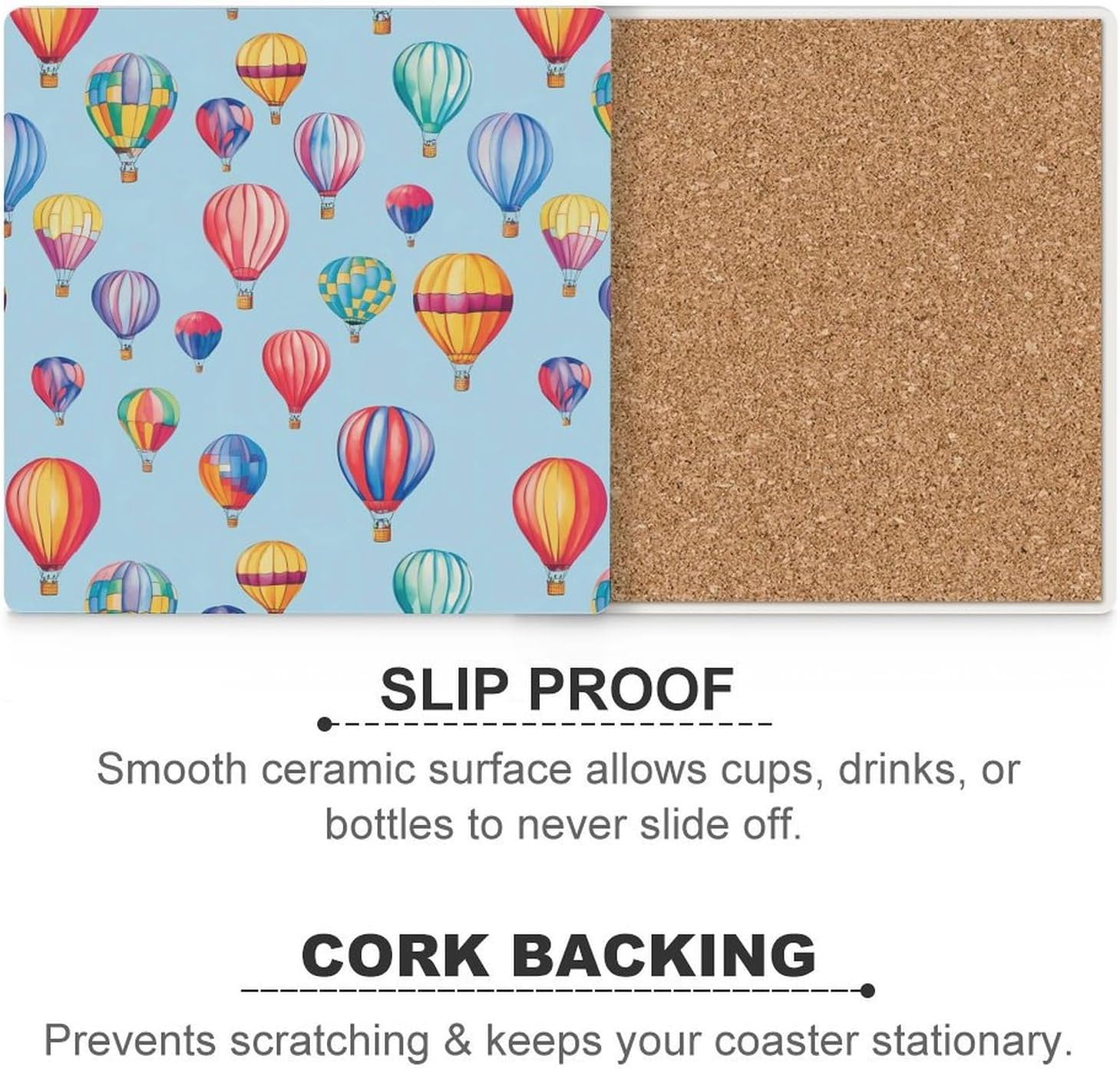 Colorful Hot Air Balloons Funny Ceramic Coasters for Drinks Absorbent Cup Holder Tabletop Protector with Cork Base