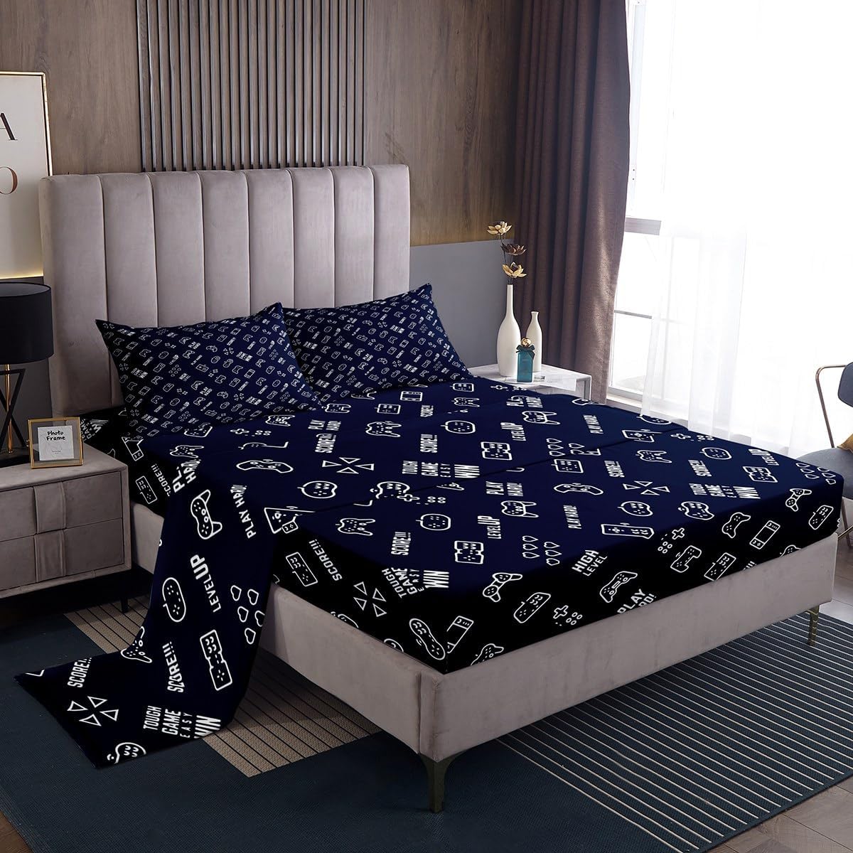 Manfei Gaming Gamepad Sheet Set Queen,Boys Kids Video Game Controller Bedding 4pcs with Deep Pocket Fitted + Flat 2 Pillowcases,Modern Gamer Room Decor,Inky Blue Fashion Bed image 3
