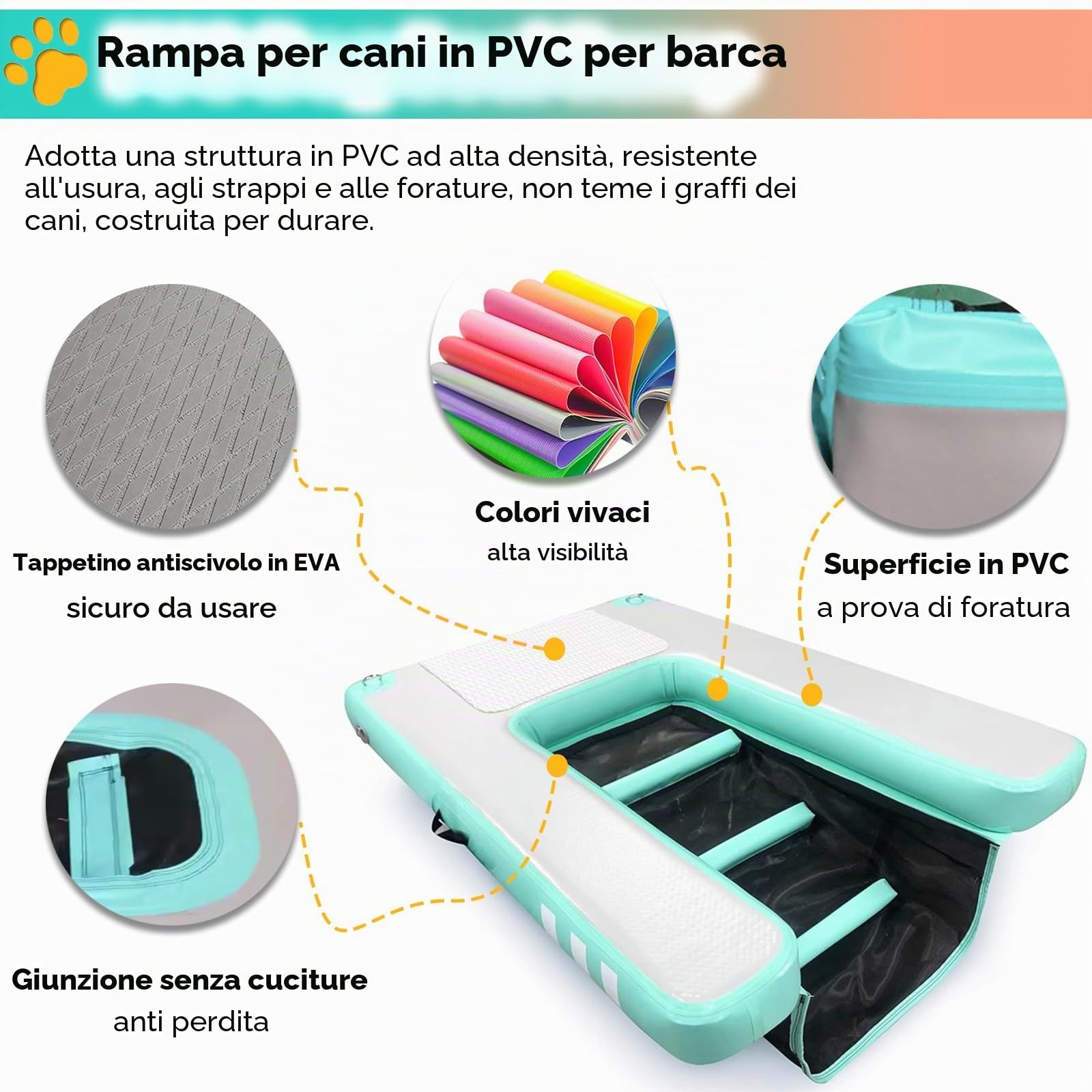 Rampa Galleggiante Pieghevole per Accesso a Piscina e Barca, Scala Antiscivolo Gonfiabile per Animali Domestici, Supporta Cani Fino a 60 kg