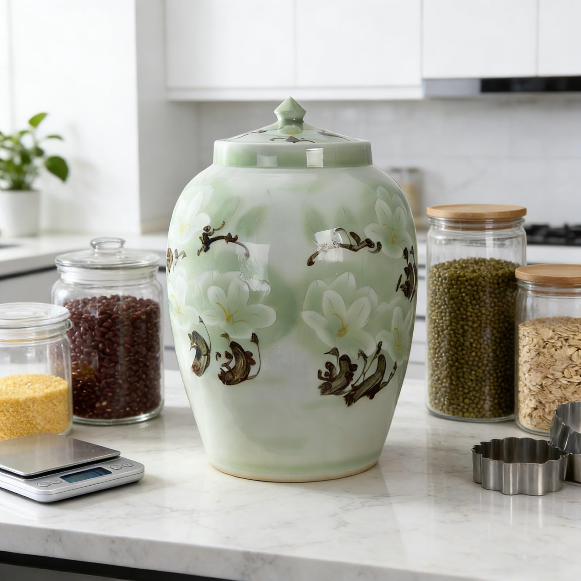 MMleYN Ceramic Rice Jar With Lid Large Airtight Grain Dispenser Porcelain Storage Bucket For Rice Tea Coffee Beans Cereals Grains(15kg)