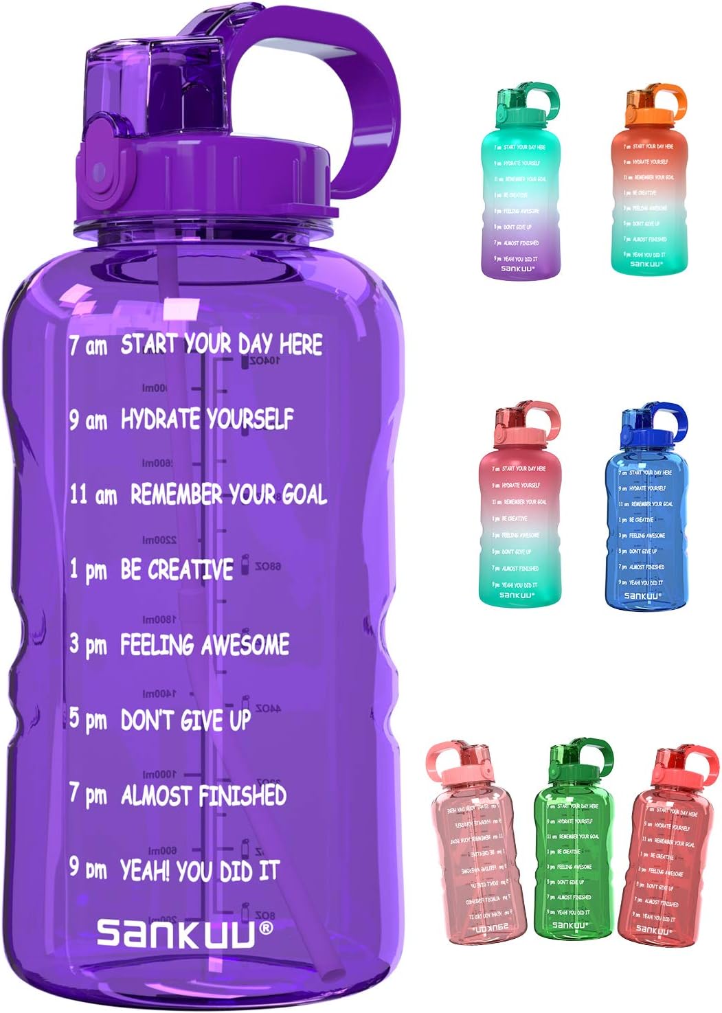SANKUU Large 1 Gallon/128oz (When Full) Gallon Water Bottle Motivational with Time Marker & Straw, Leakproof Water Jug Ensure You Drink Daily Water Throughout The Fitness Day