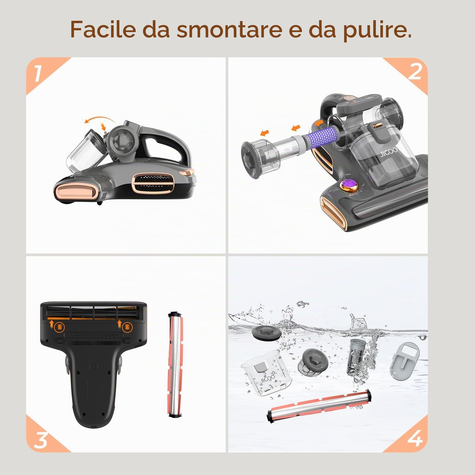JIGOO Battimaterasso, Aspiratore acaro per materassi con luce UV, Autentico 700W/15 kpa, Antiacari rimuove il 99,9%, Indicatore LED, Basso rumore (Grigio)
