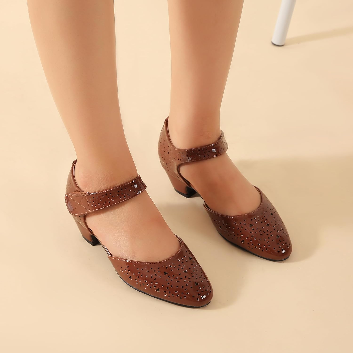 Women's Ankle Strap Cut Out Closed Toe Low Block Heels Pumps Retro Shoes Hook and Loop D'Orsay Comfortable Vintage Dressy Wedding Party Work Church Shoes - Image 4
