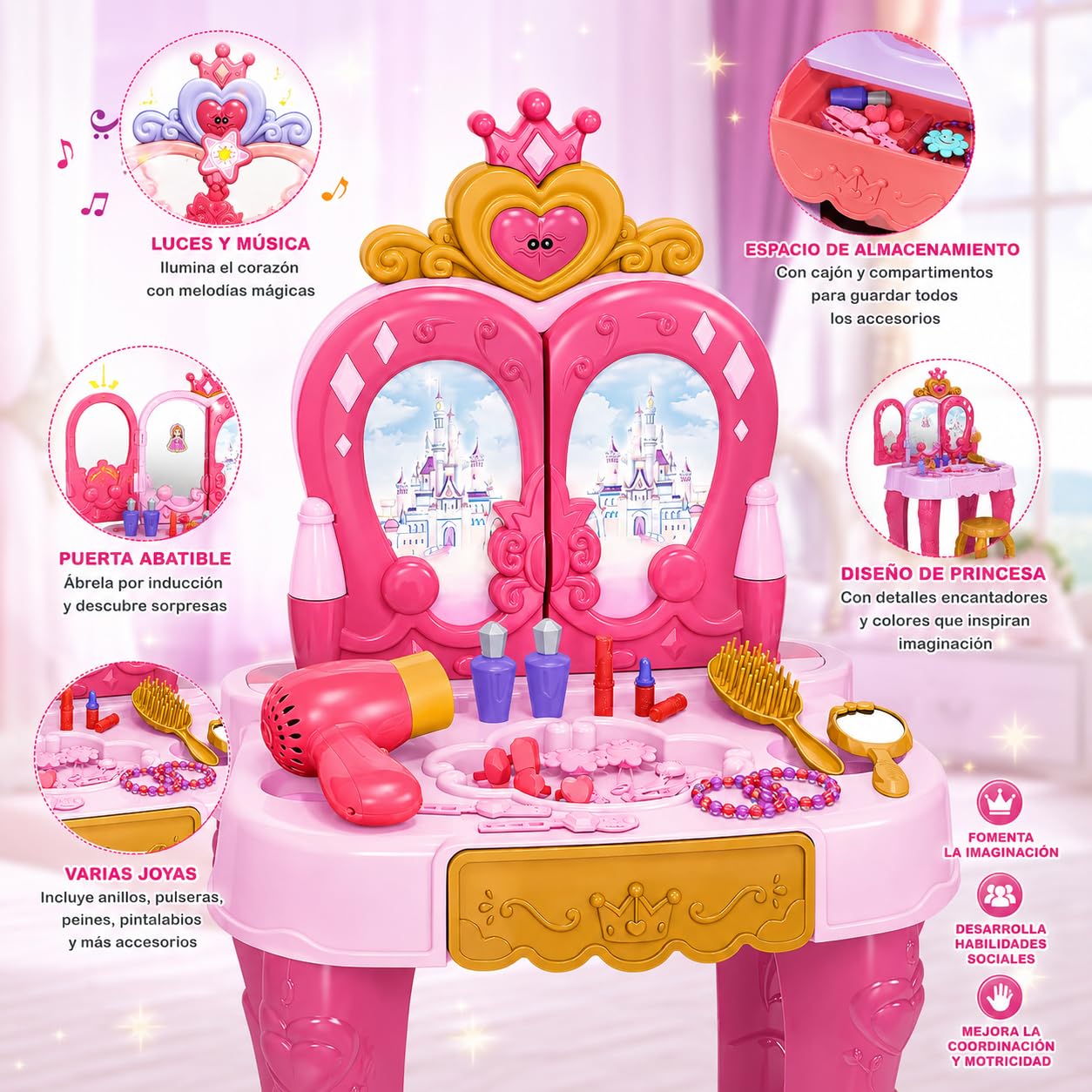 GalPat Baby Tocador Infantil para Niñas con Espejo, Luces y Música – Incluye Taburete, Secador, Varita Mágica y Más de 15 Accesorios – Tocador de Juguete Princesa 3+ Años