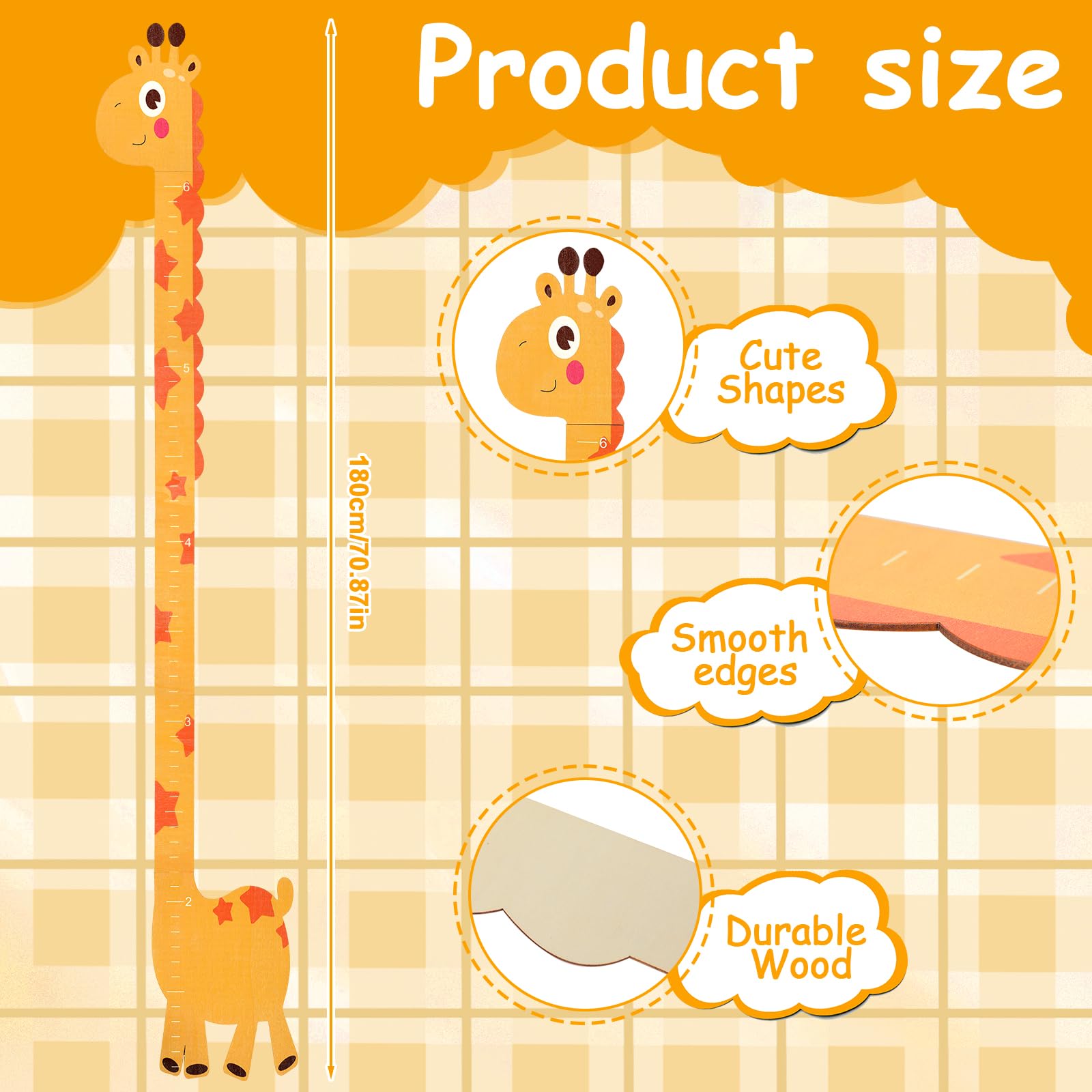 Wooden Height Chart for Kids Wall Mounted Growth Ruler Height Measurement Cute Animals Kids Height Wall Chart for Bedroom Nursery Decoration (Yellow) - Image 2