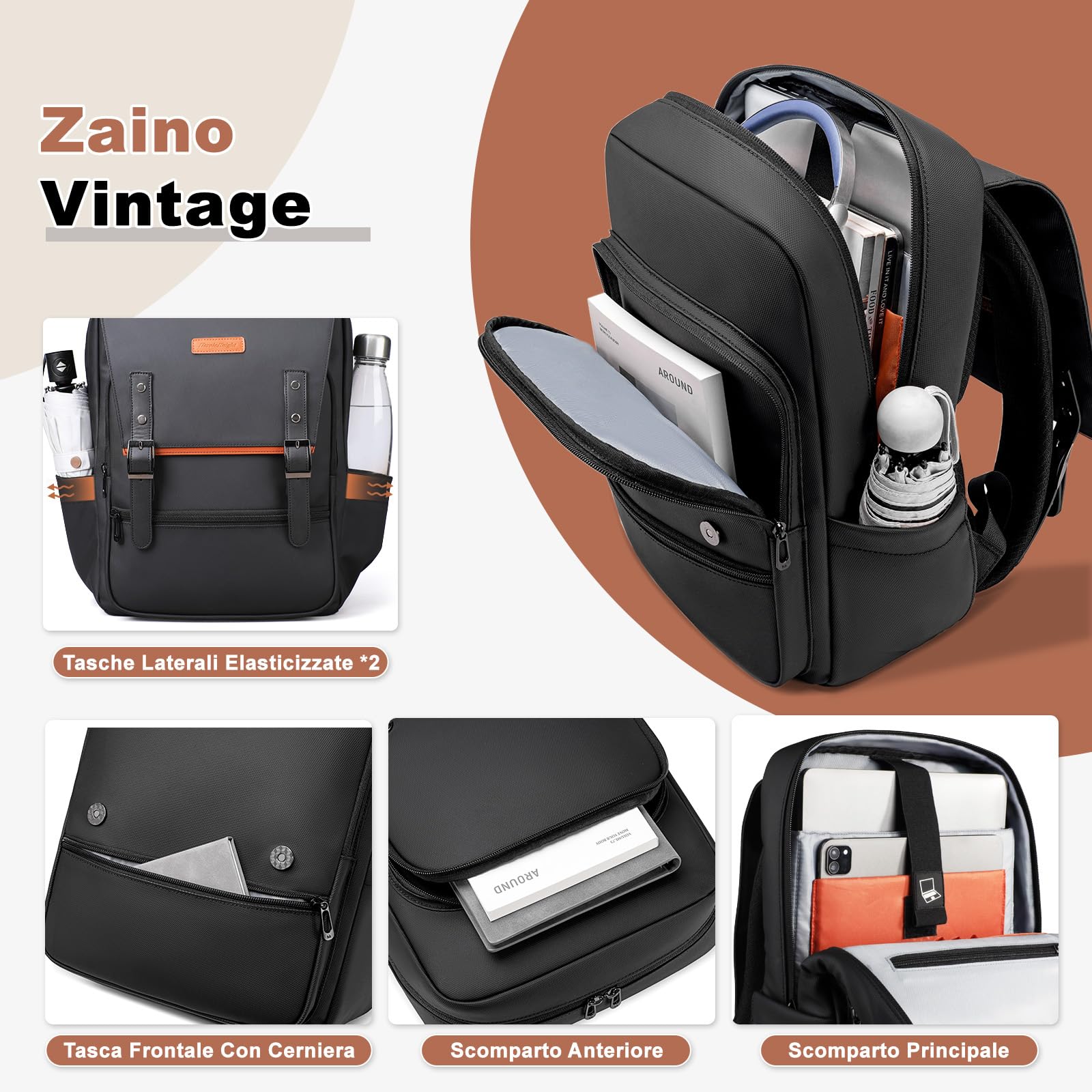 hk Zaino Vintage Uomo Donna Porta PC 15,6 Pollici | Zaino Laptop Impermeabile con Patta Magnetica, Zaino Antifurto Casual Leggero per Lavoro Università Viaggio Business, Nero