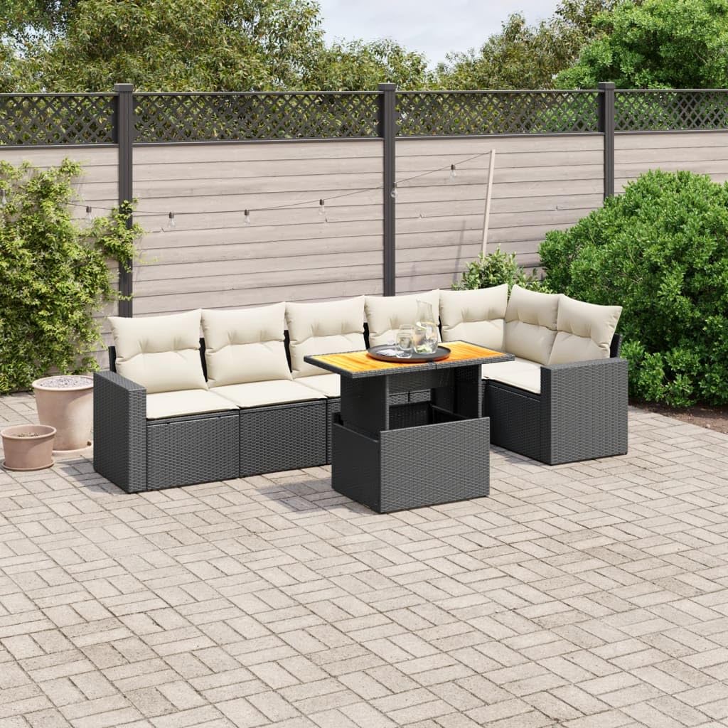Juego de sofás de jardín de polirratán de 7 piezas con mesa regulable en altura, madera de acacia, juego modular para terraza y jardín, incluye cojines