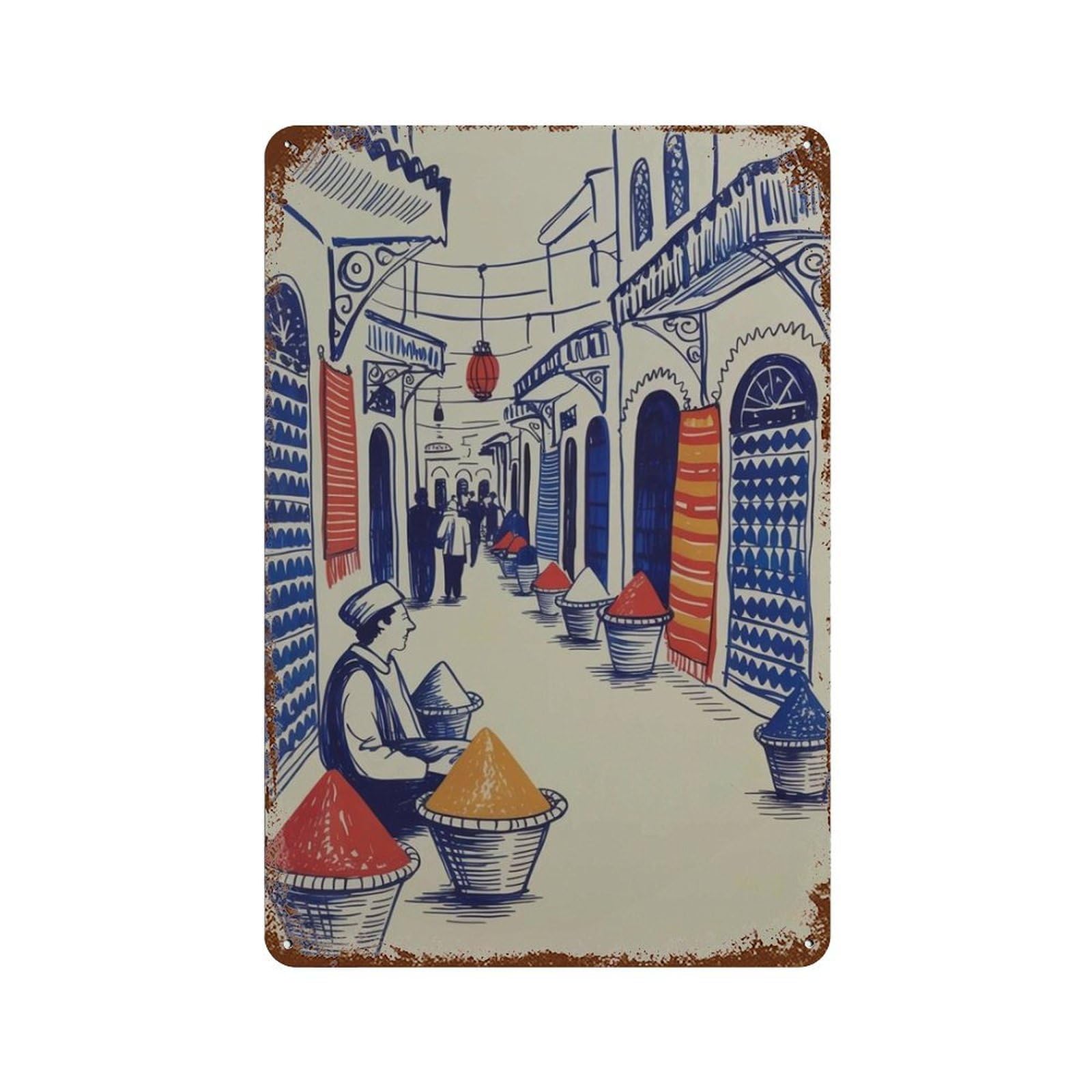 xiaoxiaoshen Marrakech Market – Moroccan Spice Souk Travel Middle Eastern Street Scene Work Wall Decor Art Metal Tin Poster Modern Home Decor Art Home Bar Shop Decorations Vintage Sign 30x20cm
