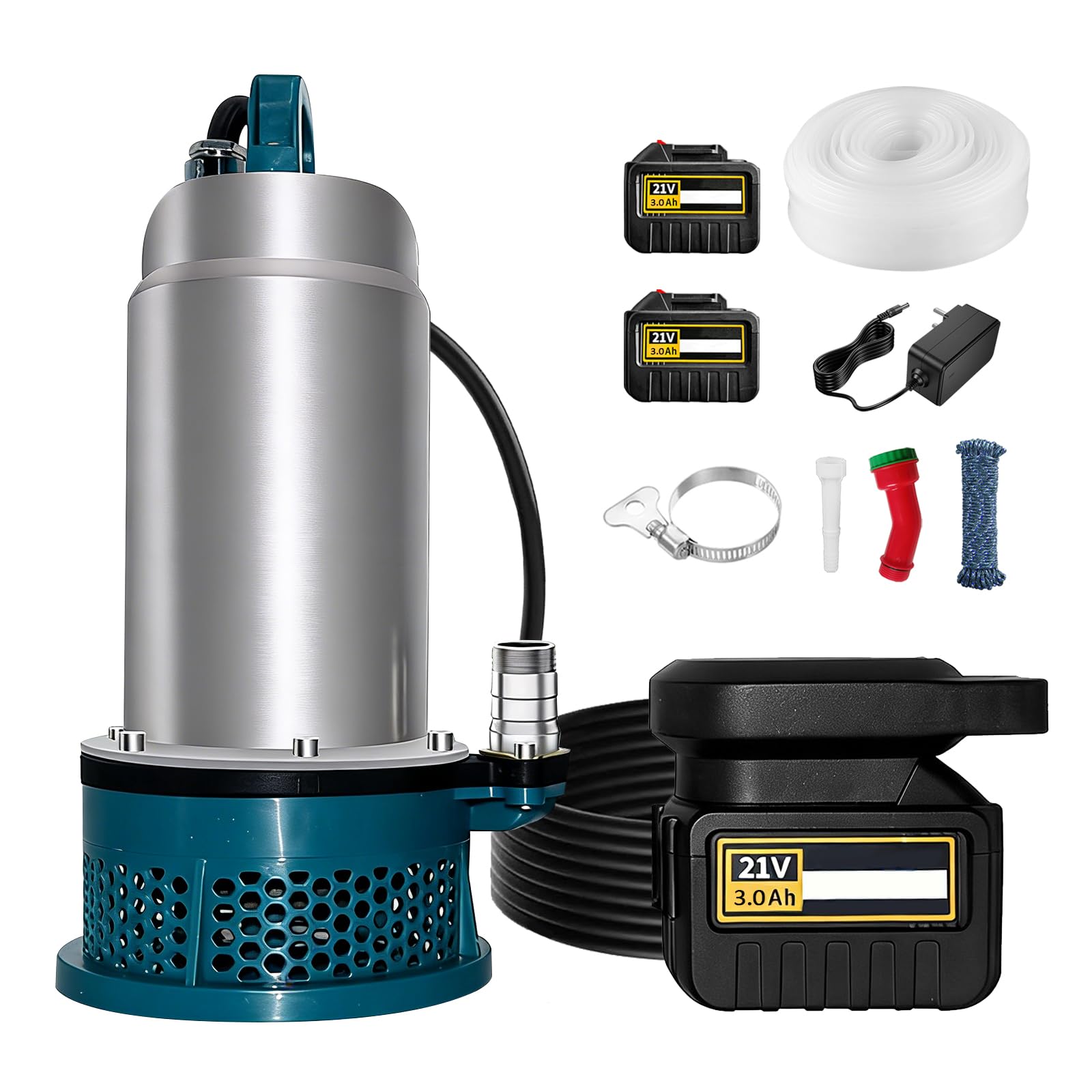 Bomba Sumergible, 5000 L/H Bomba de Agua Sumergible a Batería con Manguera de 10m, Cable de Conexión de 5m,Batería de 21V y Cargador, Ideal para Piscina, Cama de Agua, Riego de Jardines