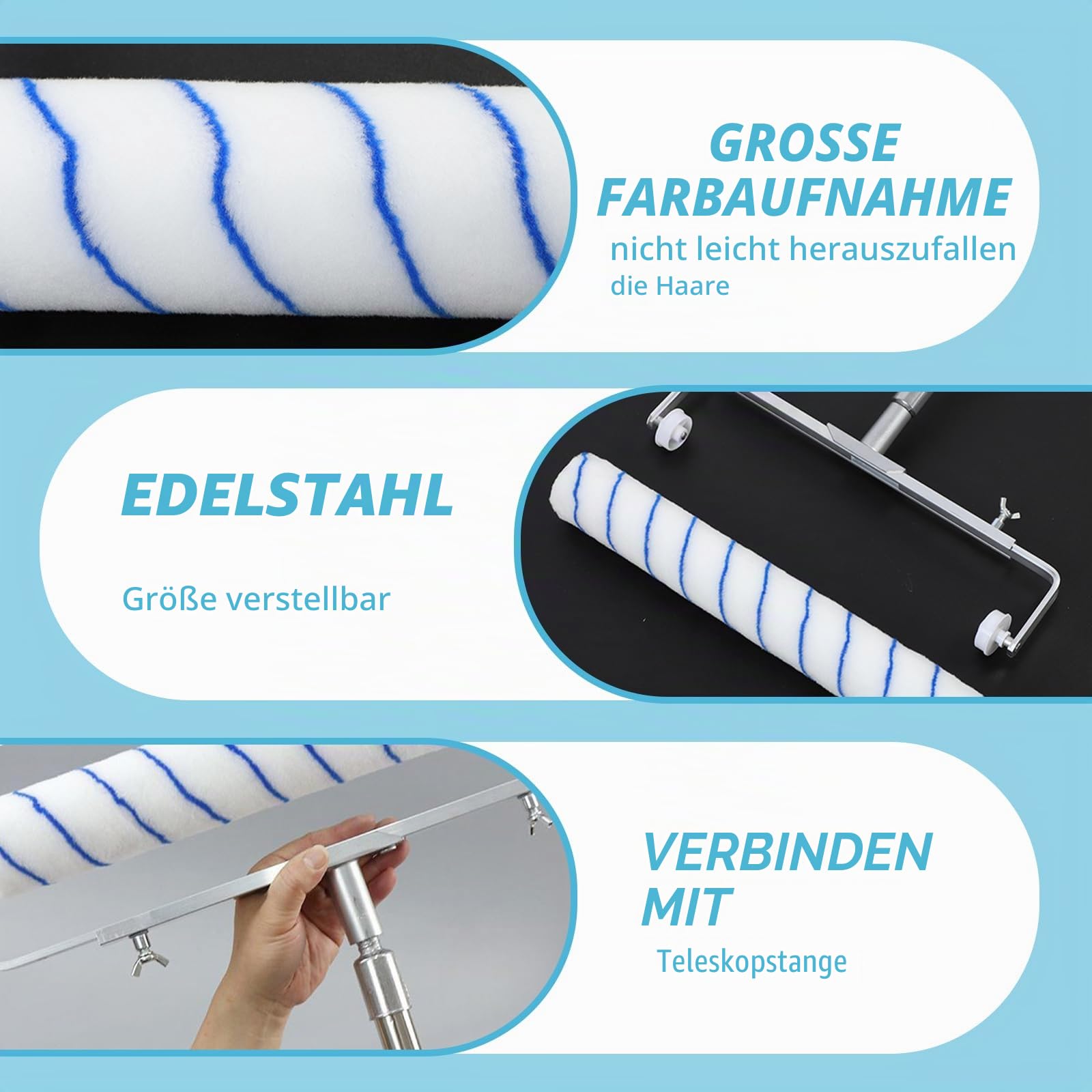 Polegas 45CM Farbroller-Set, 9PCS Malerset-6 Farbrolle, Groß Farbwanne mit Rädern, Verstellbarem Rahmen 30-50CM, Teleskopstange 43-163CM, Heimwerkerarbeiten an Wänden und Decken
