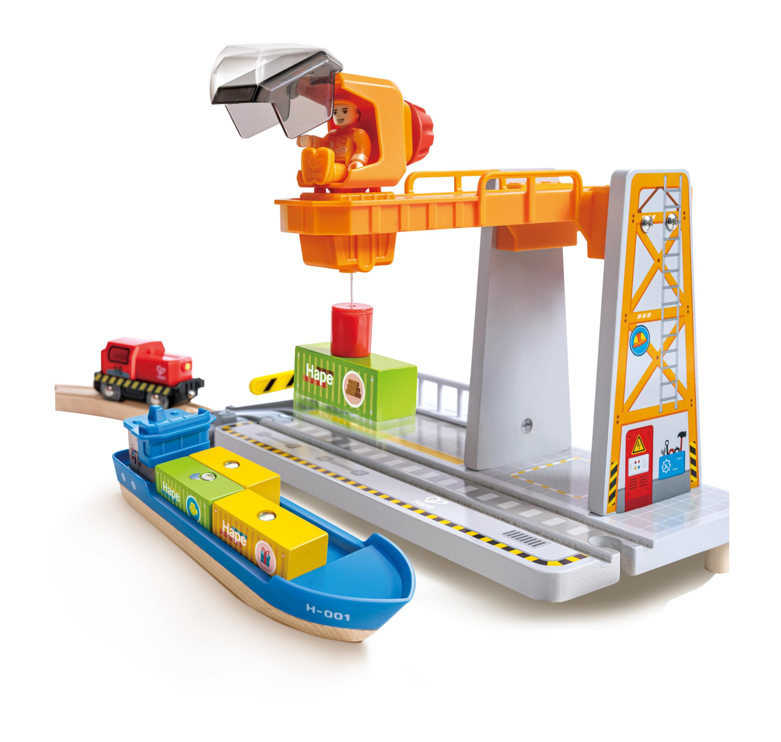 Hape Bahn- und Seefracht Set - Eisenbahn für Kinder, Holz-Frachtzug und Frachtschiff mit Kran, 2-in-1 Eisenbahn- und Hafen-Spielset, ab 3 Jahren