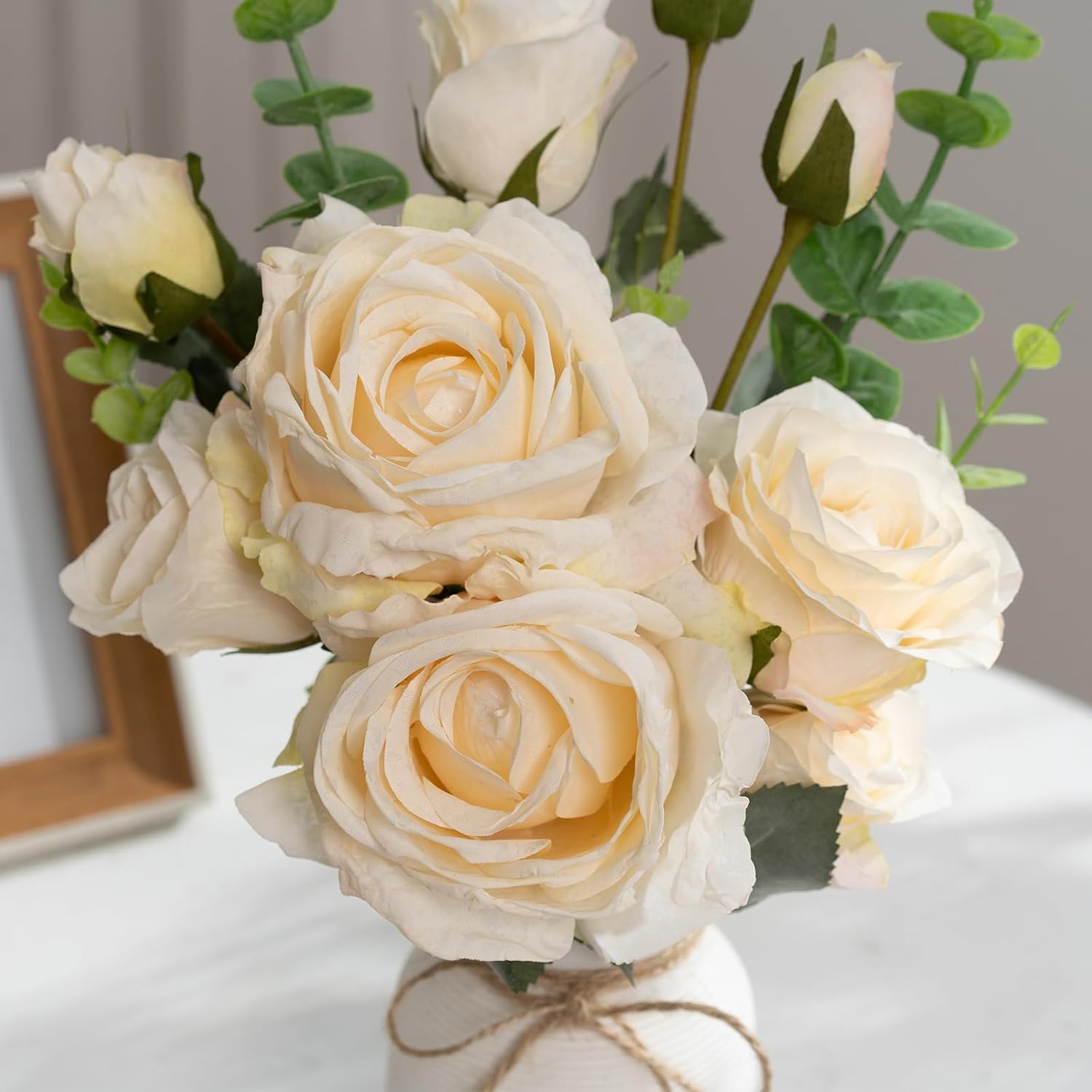 Artificial Like-Life Vintage Roses with Eucalyptus Stems in White Ribbed Texture Ceramic Vase,Realistic Greenery 15" Faux Flower Arrangements Home Decor Weddings Centerpieces