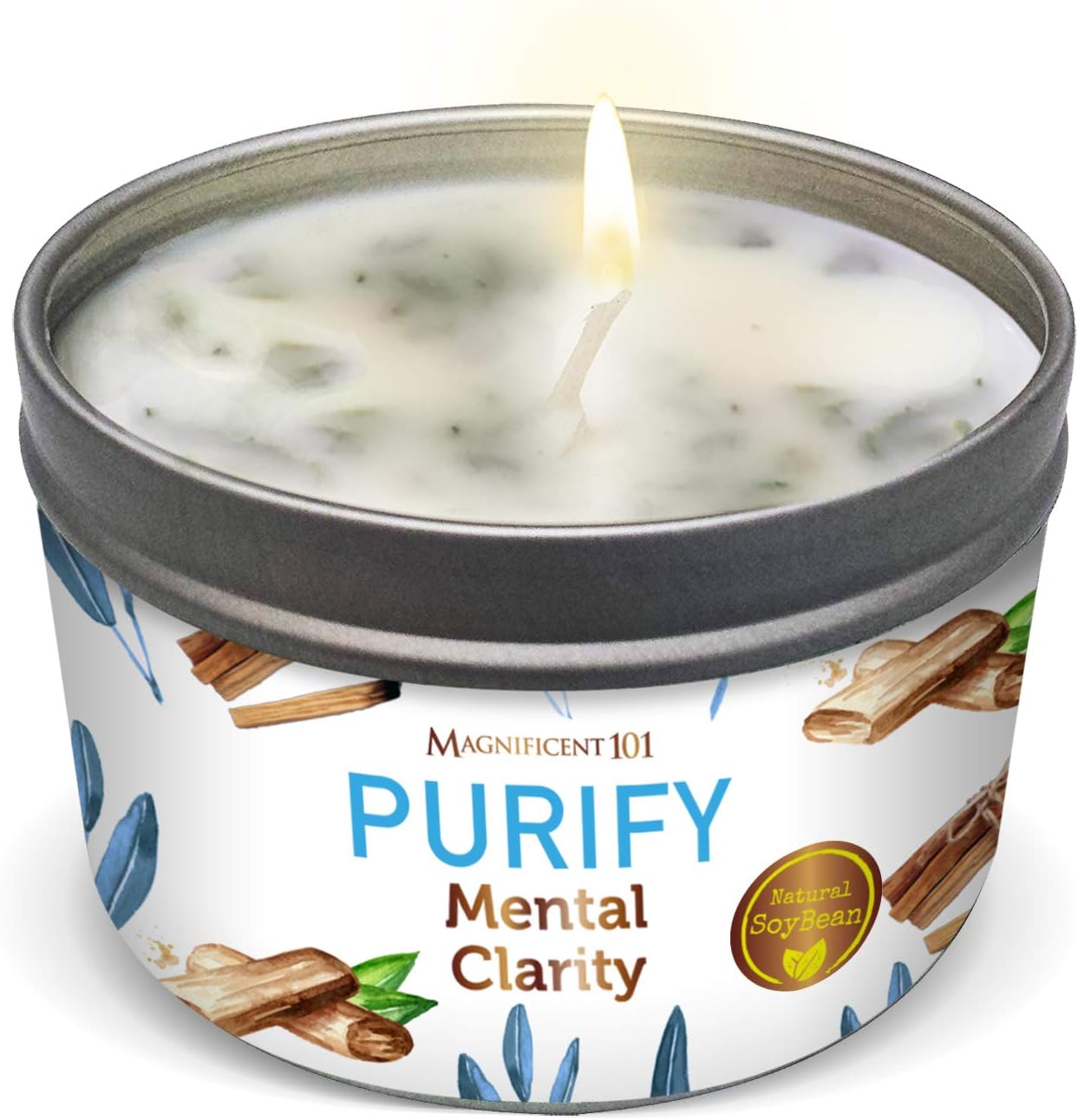MAGNIFICENT 101PURIFY Aromatherapy Candle for Clarity - Sage, Palo Santo, Sandalwood, Lavender Scented Natural Soybean Wax Tin Candle for Purification and Chakra Healing