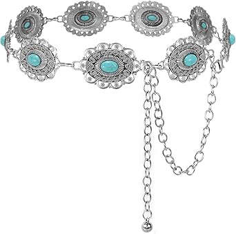 XZQTIVE Women Boho Chain Belts For Dresses Jeans Western Cowgirl Waist Links Belt Adjustable Metal Concho Belt