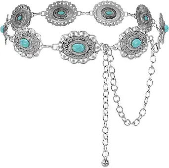XZQTIVE Women Boho Chain Belts For Dresses Jeans Western Cowgirl Waist Links Belt Adjustable Metal Concho Belt