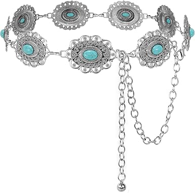 XZQTIVE Women Boho Chain Belts For Dresses Jeans Western Cowgirl Waist Links Belt Adjustable Metal Concho Belt