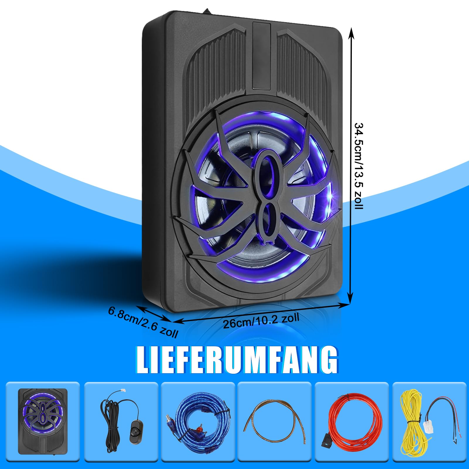 10 Zoll 800W Ultra-Dünner Aktiv-Subwoofer Für Auto/Truck Mit Verstärker, 24dB Starker Bass, Tiefpassfilter 50Hz-150Hz, Controller, Mit Schutzfunktionen, LED Ambiente Licht (Blauem Licht)