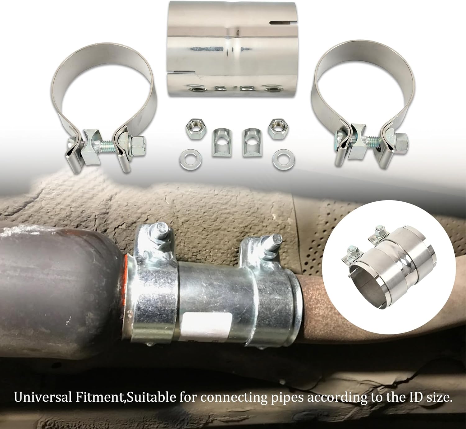 Polished Stainless Steel 3" ID to 3" ID Exhaust Adapter With Clamps,ID 3 Inch Exhaust Reducer Connector Pipe/W Clamps, 4'' Length Exhaust Coupler,Universal Fitment