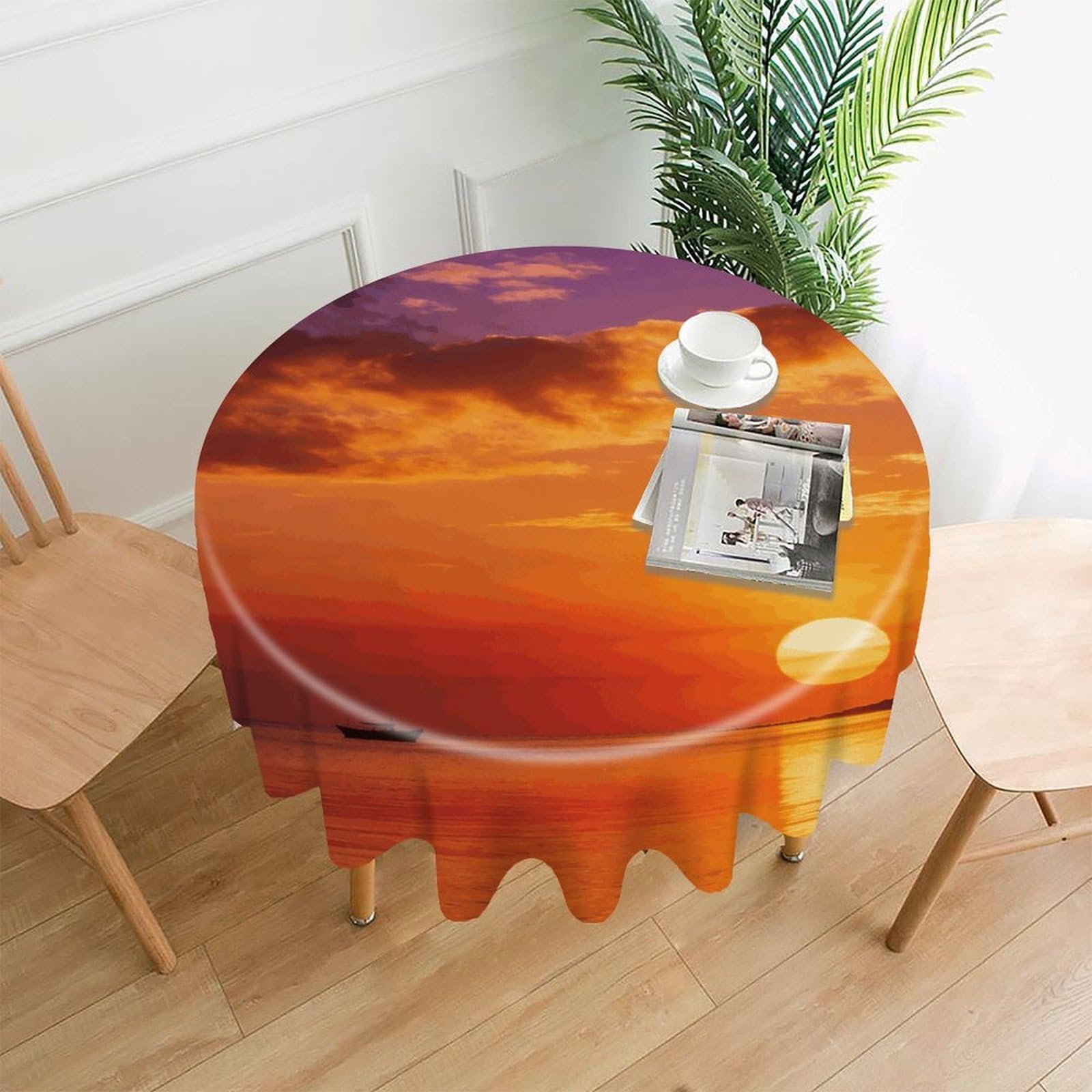 LZQPOEAS Boat Returning Under Coconut Trees Tablecloth Easy to Clean Polyester Round Table Cover Washable Round Table Cloth Wrinkle-Free Circle Decoration Tablecloth for Kitchen and Dining Room 60"