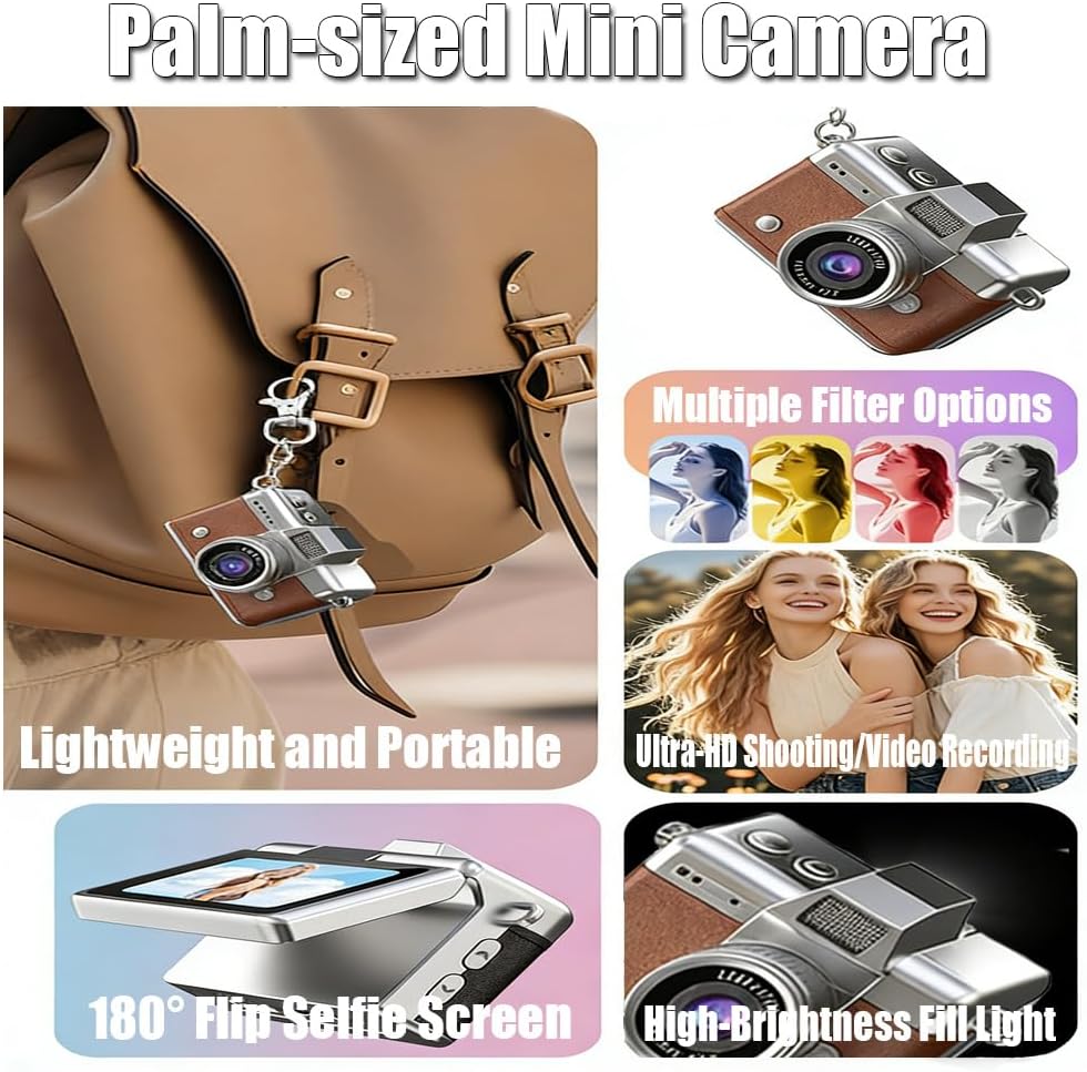 1.47" LCD Flip Screen Retro Keychain Camera, 32GB Card, Built-in Flash & Strap, Portable Camera for Travel, Concerts, Students